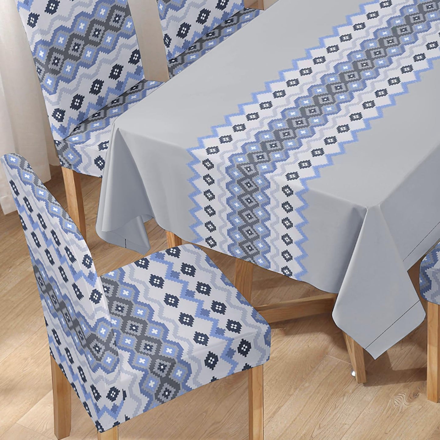 HOKIPO Polyester Dining Chair Covers Set of 4/6 with Matching Tablecloth, Mosaic Blissful Blue