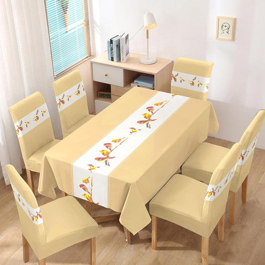 Polyester Dining Chair Covers Set of 4/6 with Matching Tablecloth, Chirping Birds Beige
