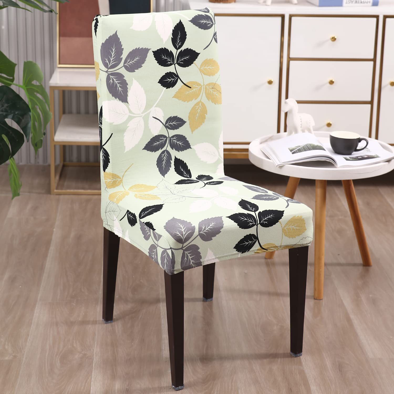Green Hibiscus Leaves print Fully fitted dining chair cover set | Hokipo