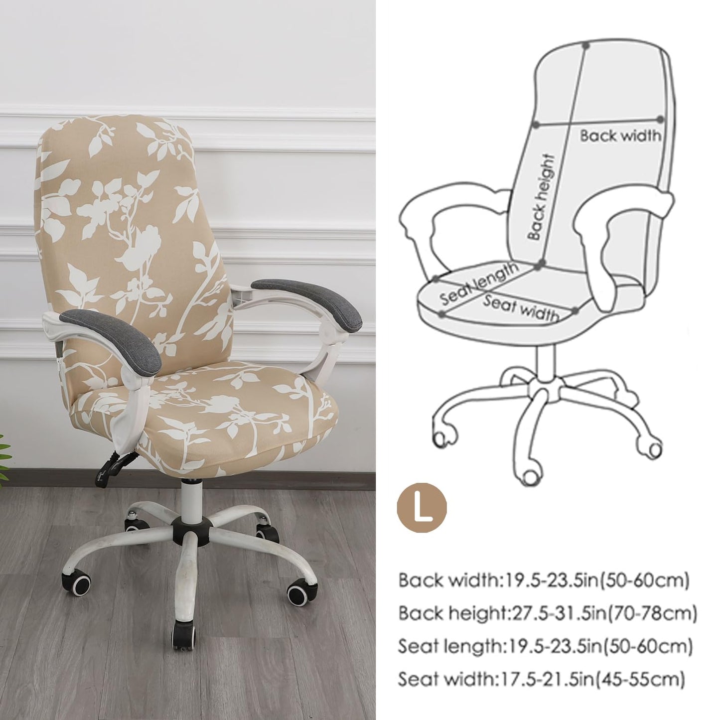HOKIPO 140gsm Stretchable Office Chair Cover, Buff Brown Sillehoute Floral - Medium / Large