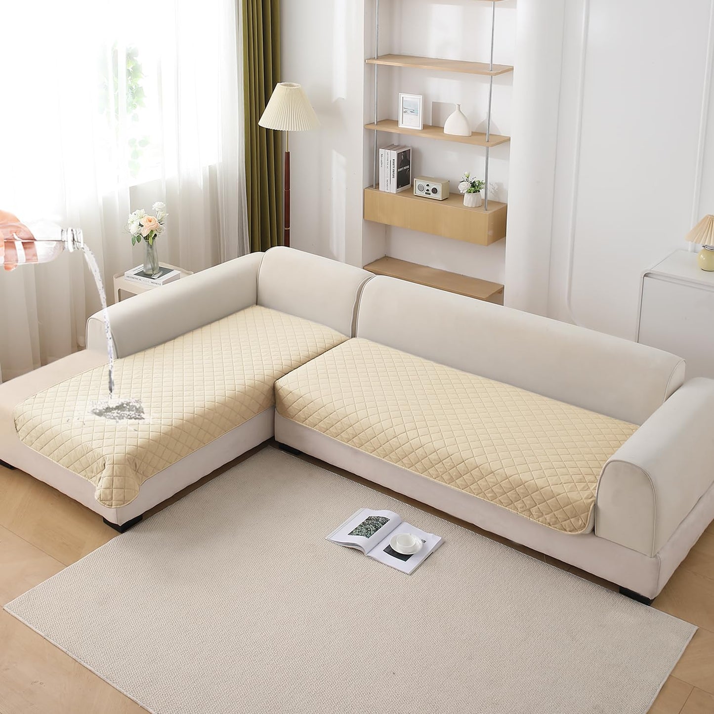 HOKIPO Waterproof Quilted Quick Dry L Shape Sofa Seat Cover Mat, Beige