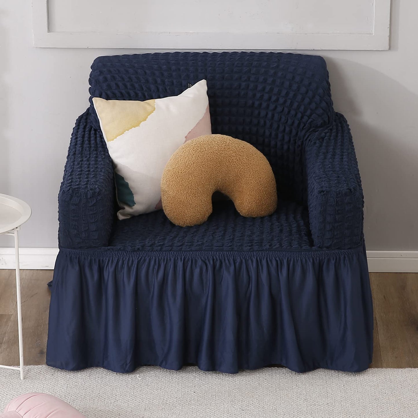 Navy Blue Elastic Turkish Bubble Frill single sofa cover