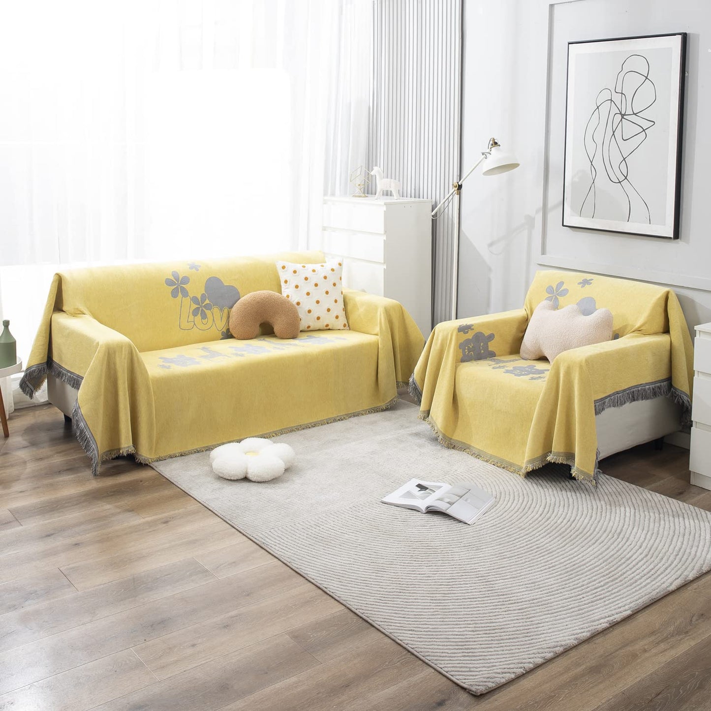 Yellow Nature Chenille Sofa Throw Blanket | 1/2/3 Seater Couch Throw