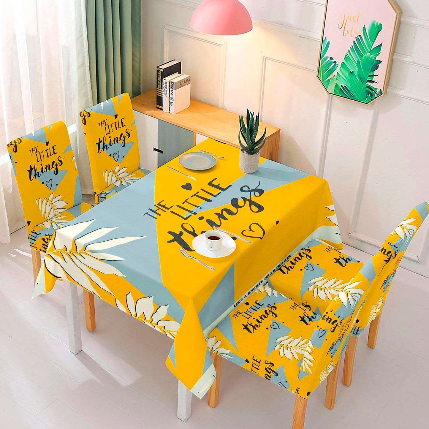 HOKIPO Polyester Dining Chair Covers Set of 4/6 with Matching Tablecloth, Typography Cyber Yellow