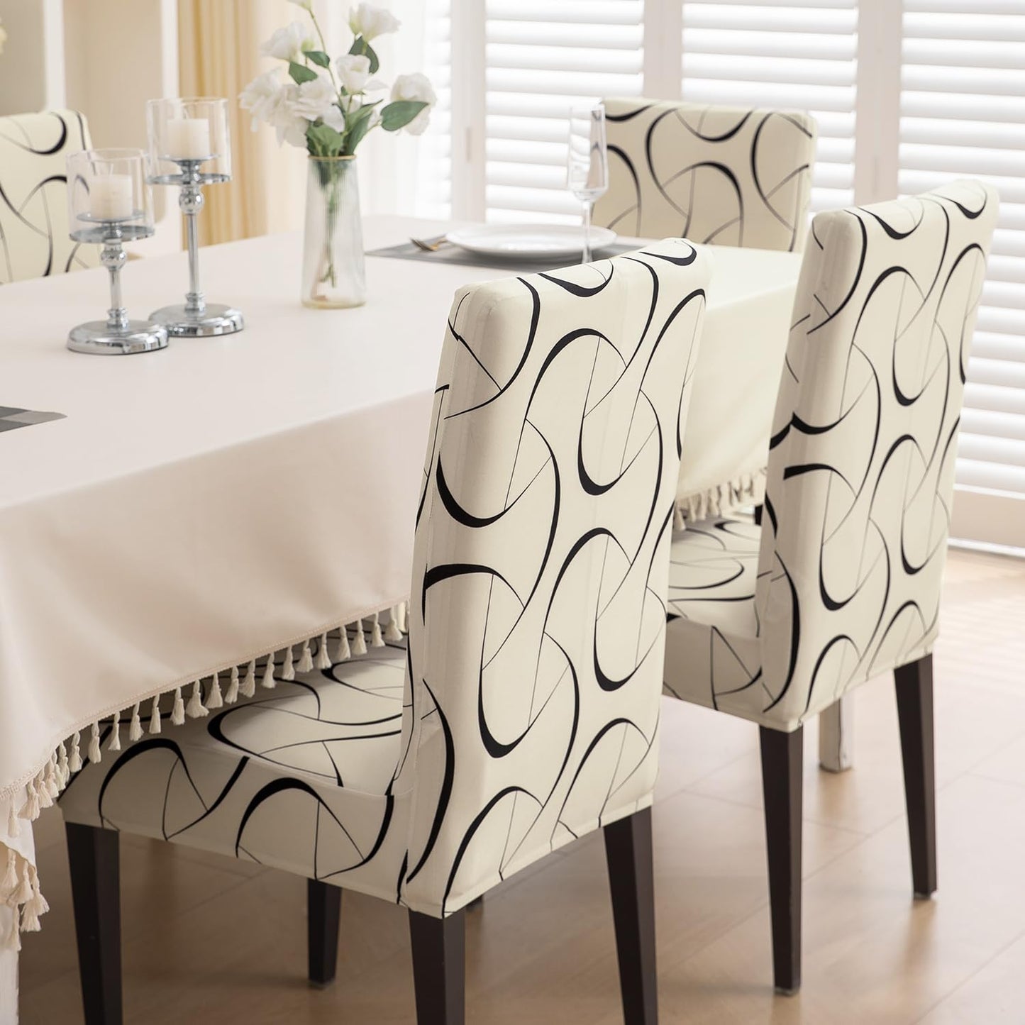 Natural Beige Abstract Art Print dining table chair covers