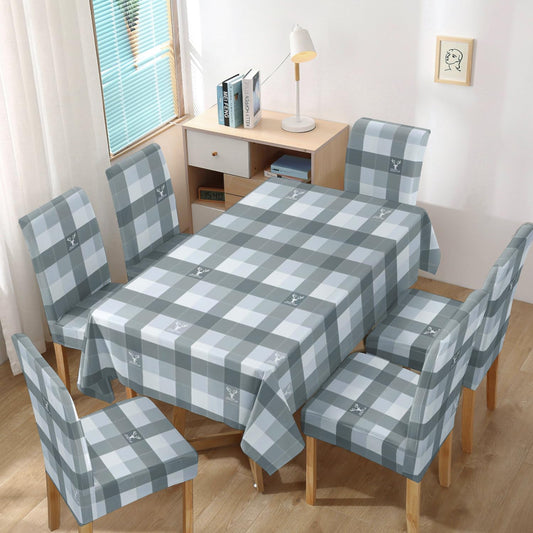 Polyester Dining Chair Covers Set of 4/6 with Matching Tablecloth, Checks Grey