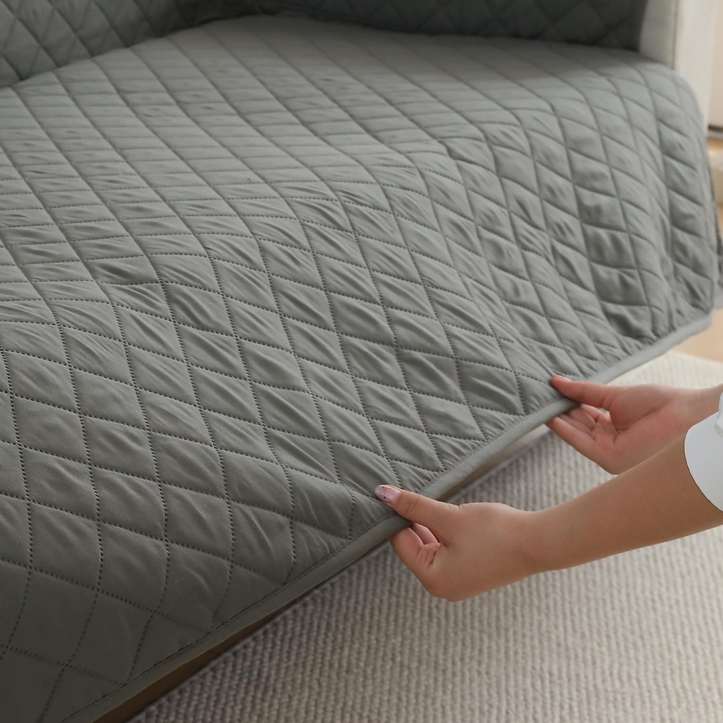 Waterproof & Quick-Dry Quilted 1/2/3-Seater Sofa Cover with Pockets on Armrest, Light Grey