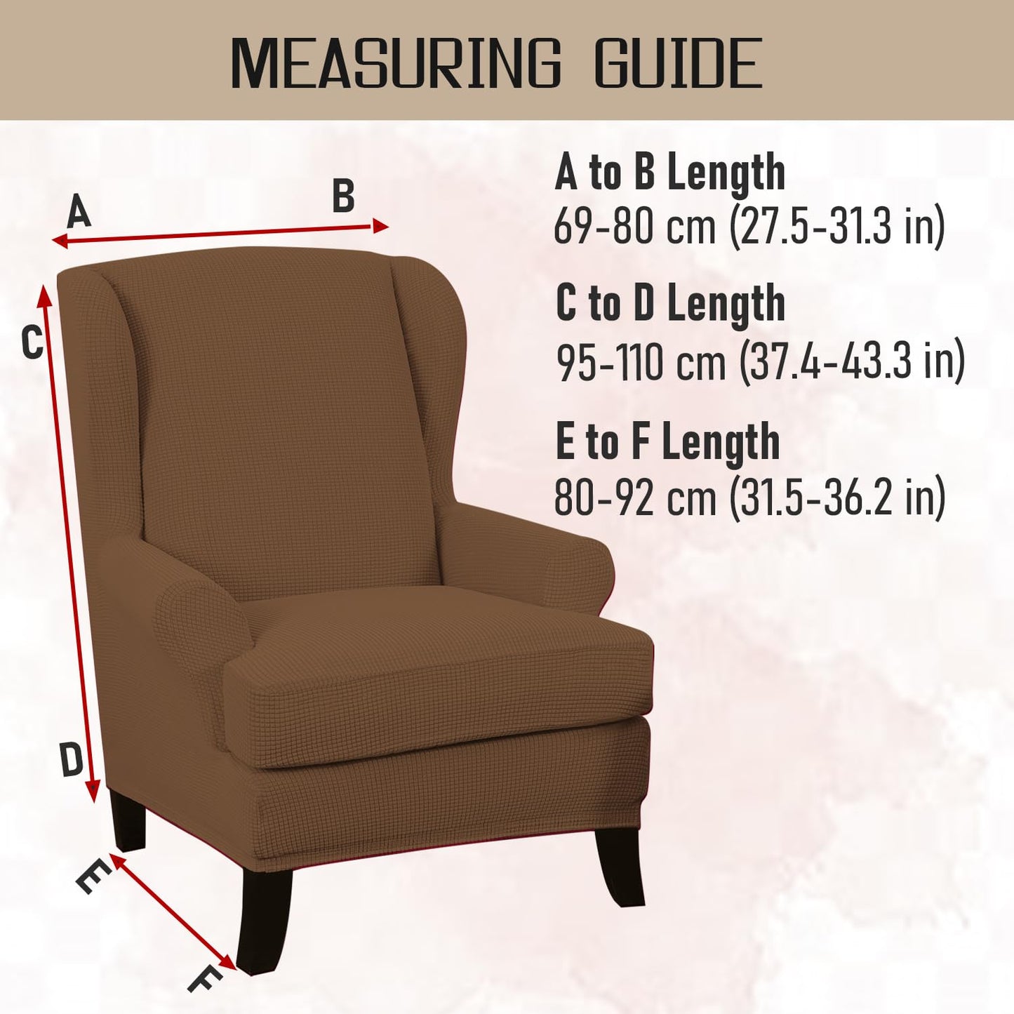 Light Brown Jacquard Elastic Chair Cover for Wingback Chair Size Guide
