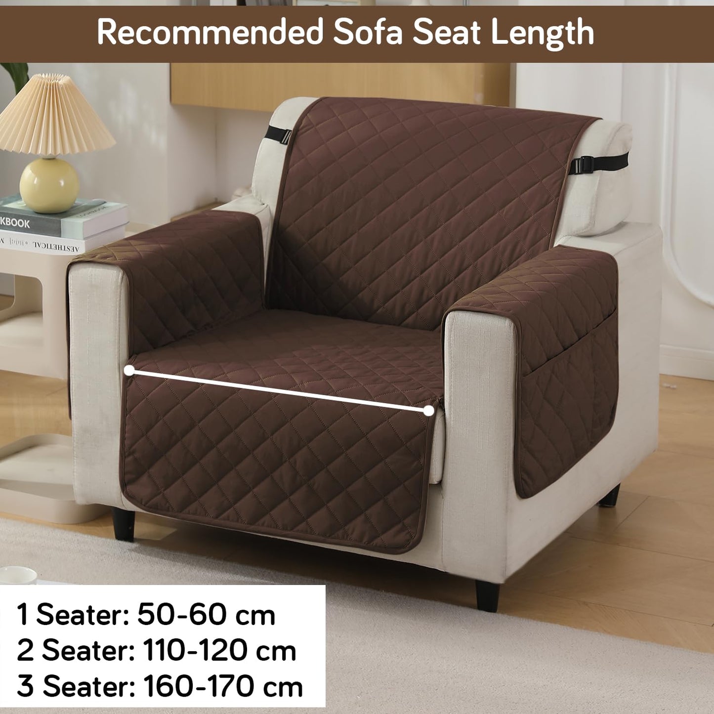 Quilted Waterproof Sofa Cover Mat with Pockets on Armrest Cover - Brown