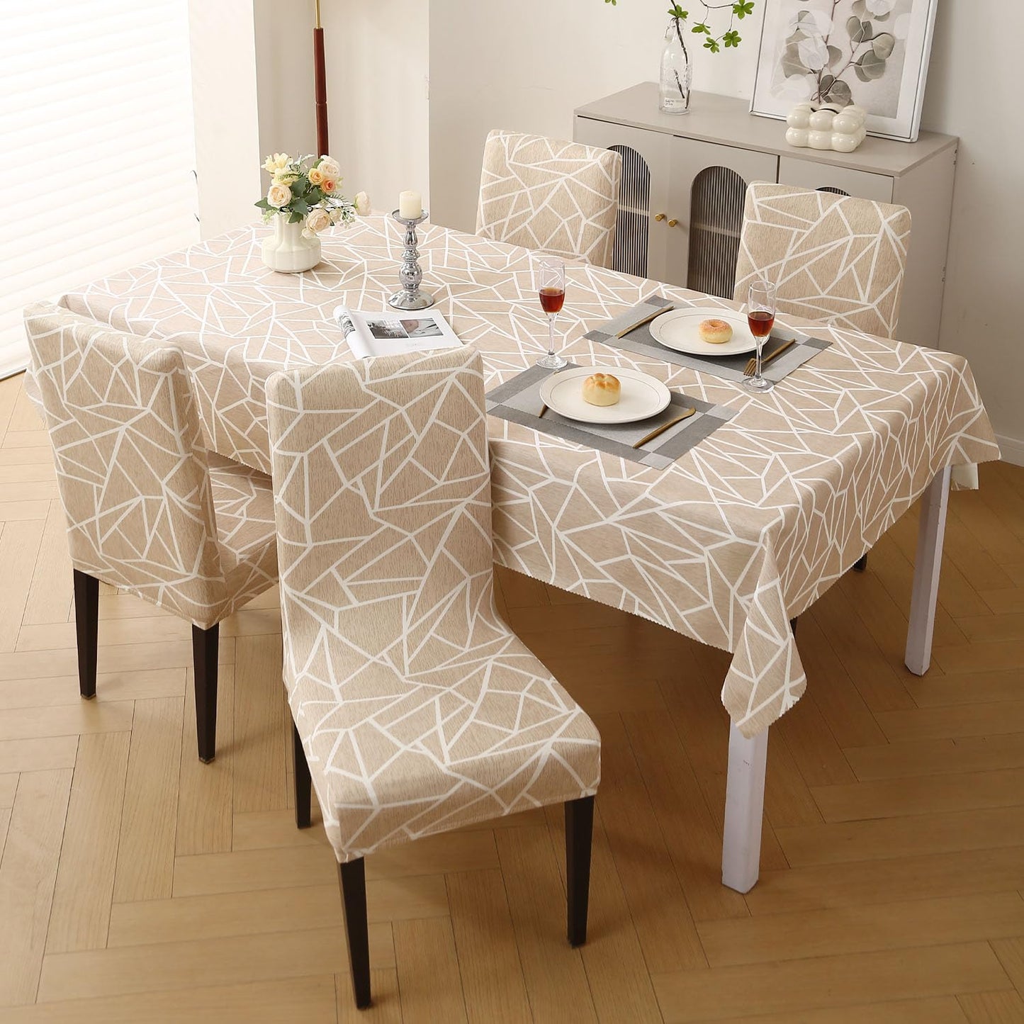Elastic Dining Chair Covers with Matching Tablecloth, Beige Abstract Geometry