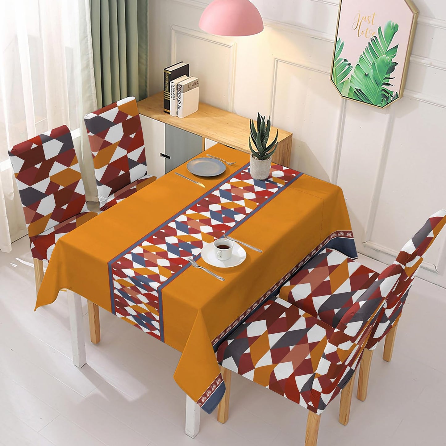 Polyester Dining Chair Covers Set of 4/6 with Matching Tablecloth, Parallelogram Ochre Brown