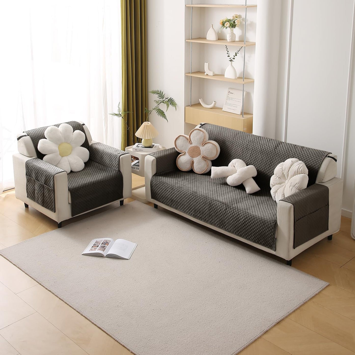 Quilted Velvet Sofa Cover Mat with Side Pockets, Pet Friendly, Taupe Brown