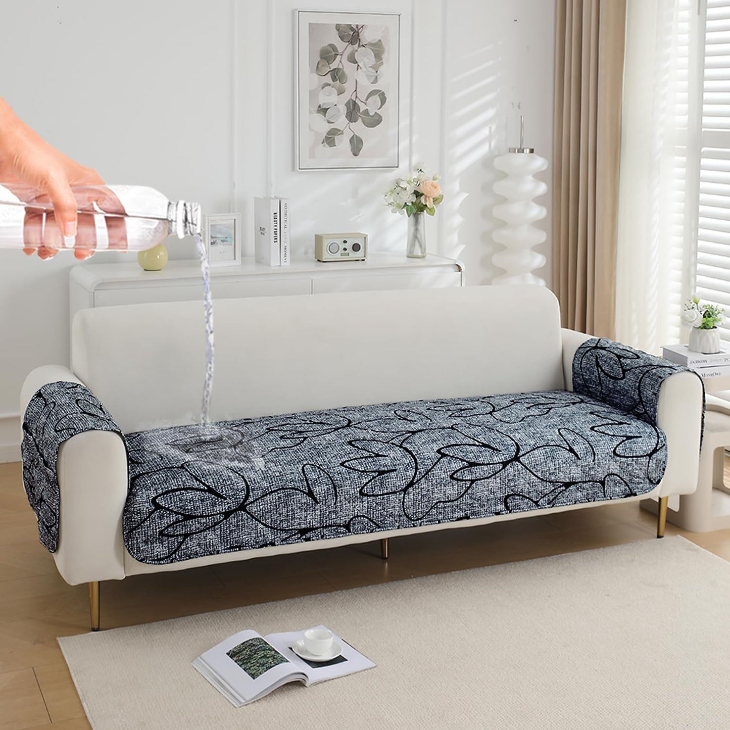 HOKIPO Waterproof Quilted Sofa Seat Mat for 1/2/3 Seater with 2 Armrest Covers with Pockets, Intense Grey Abstract Floral