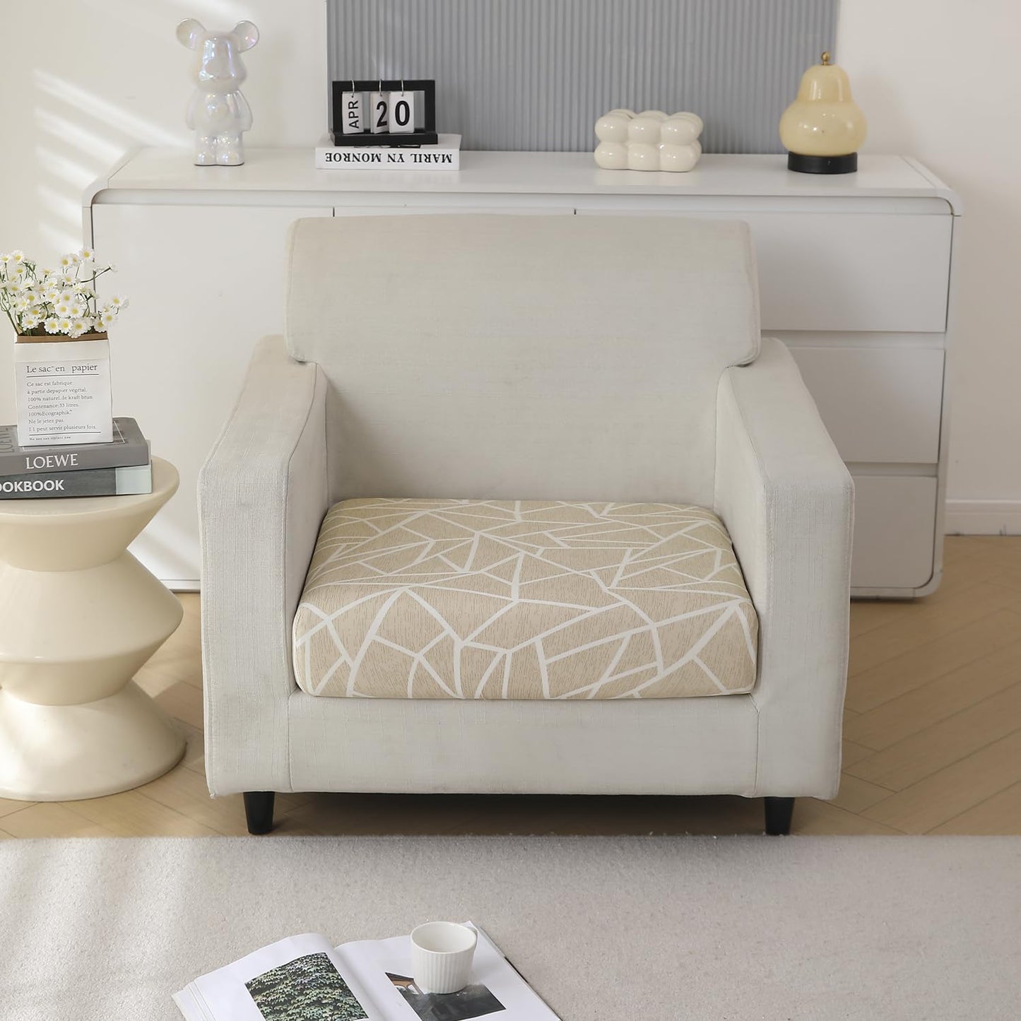 140 GSM Stretchable Printed Elastic Sofa Cushion Seat Cover for 1 /2 /3 Seaters / Pieces for Sofa, Beige Abstract Geometry