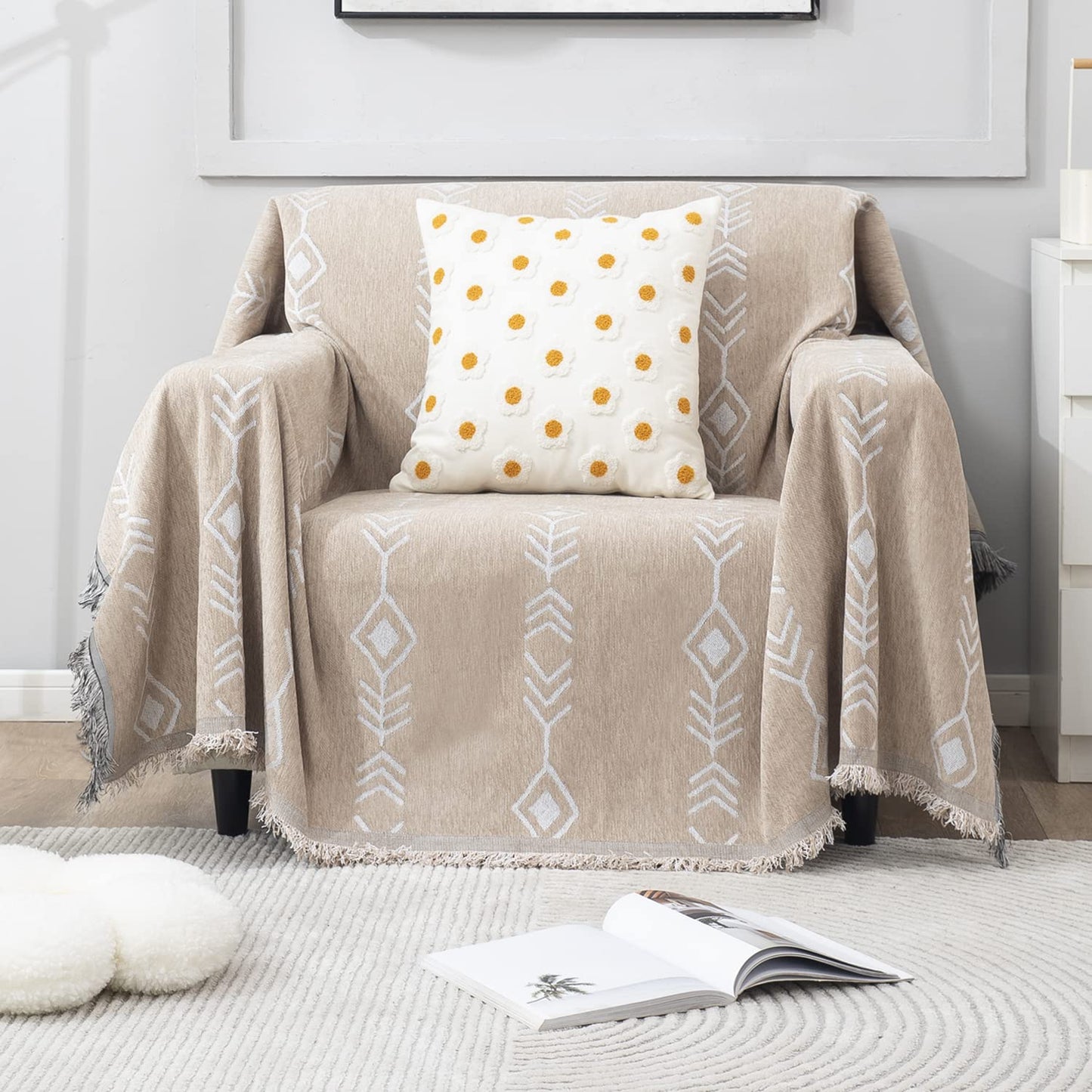 Beige Aztec, Thick, Soft and Pet Friendly Chenille Sofa Cover Throw