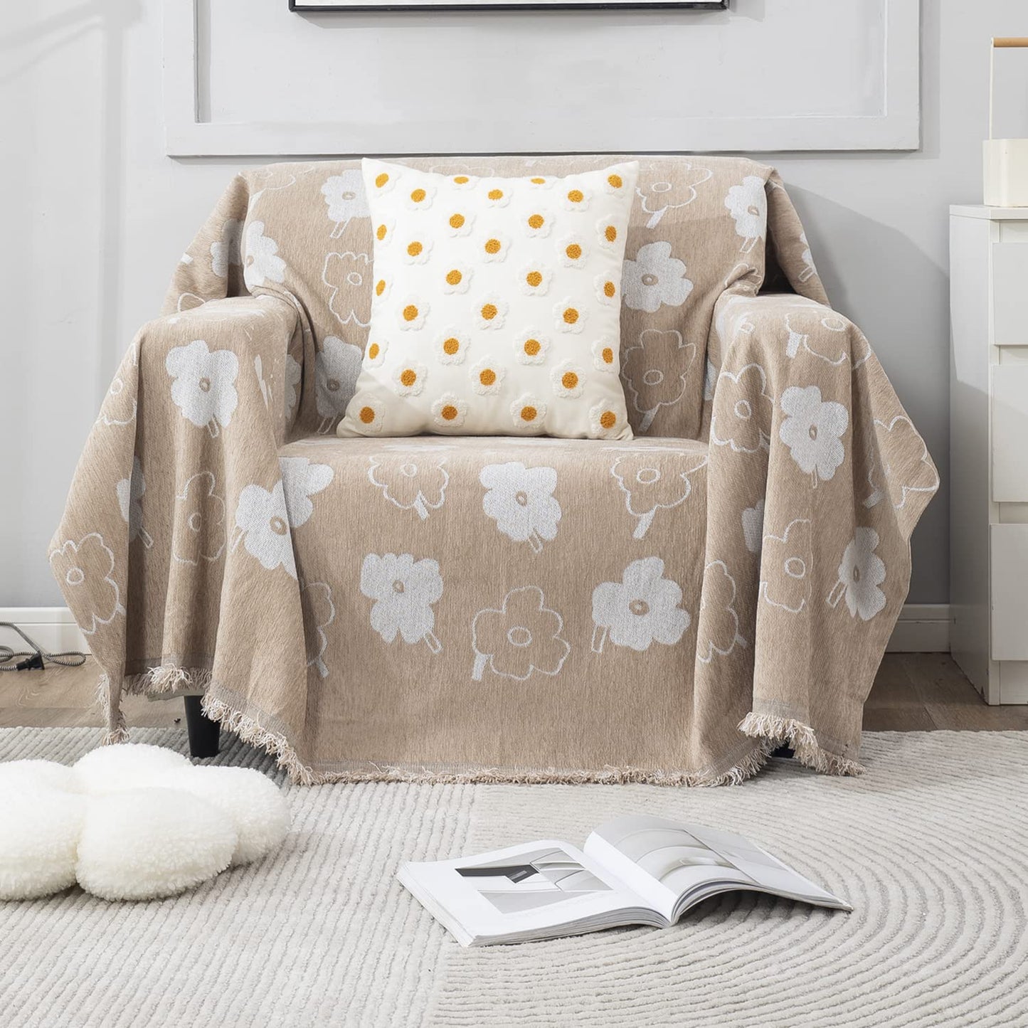 Beige Floral, Thick, Soft and Pet Friendly Chenille Sofa Cover Throw