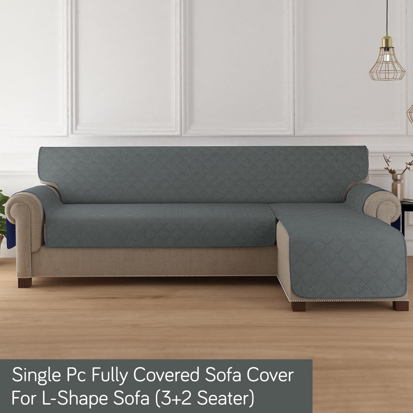 HOKIPO Quilted Reversible One Piece L Shape 4/5/6 Seater Sofa Cover Mat, Dark Grey