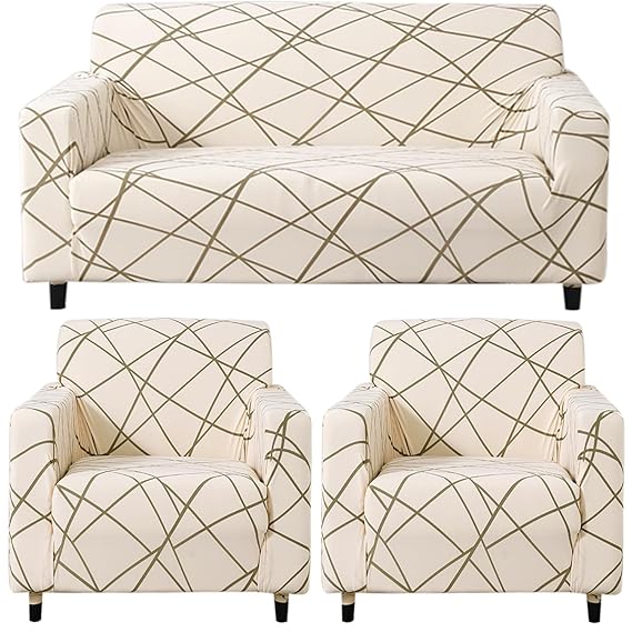 Elastic Stretchable Printed Sofa Cover, Beige Abstarct Lines