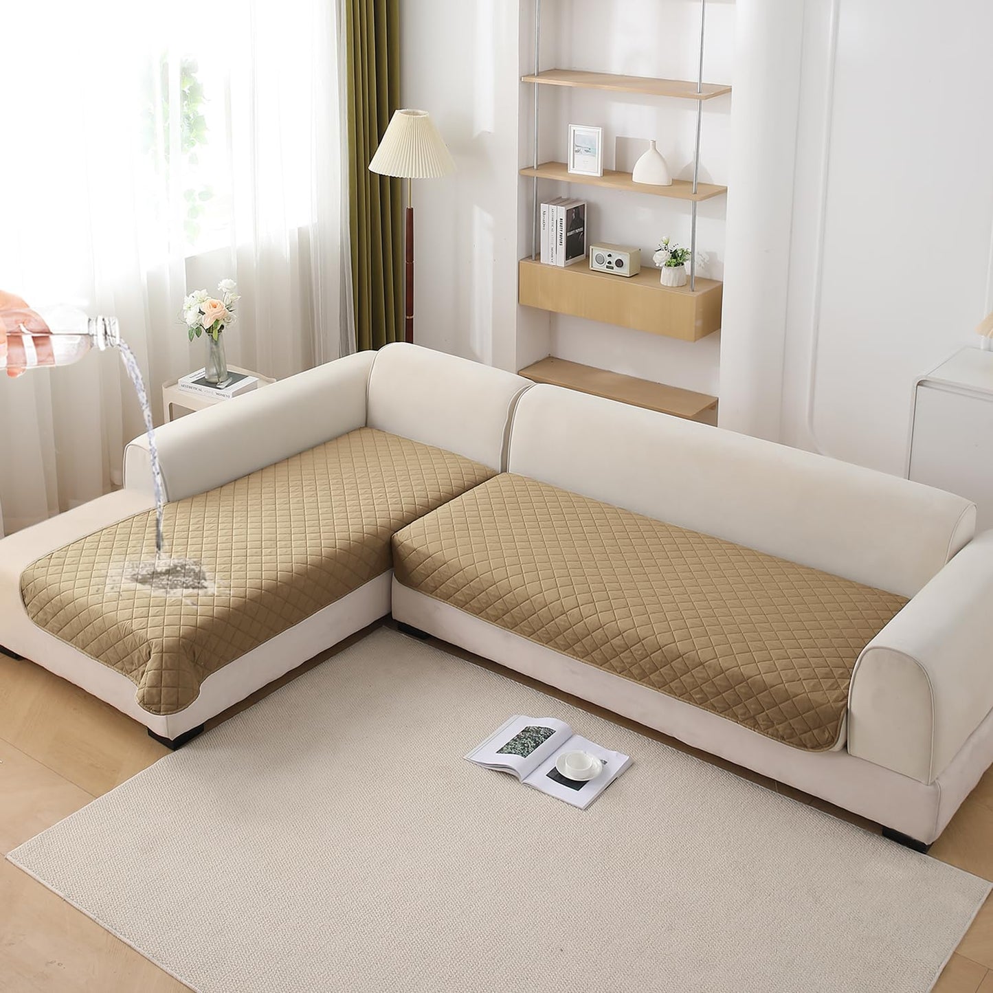 HOKIPO Waterproof Quilted Quick Dry L Shape Sofa Seat Cover Mat, Camel