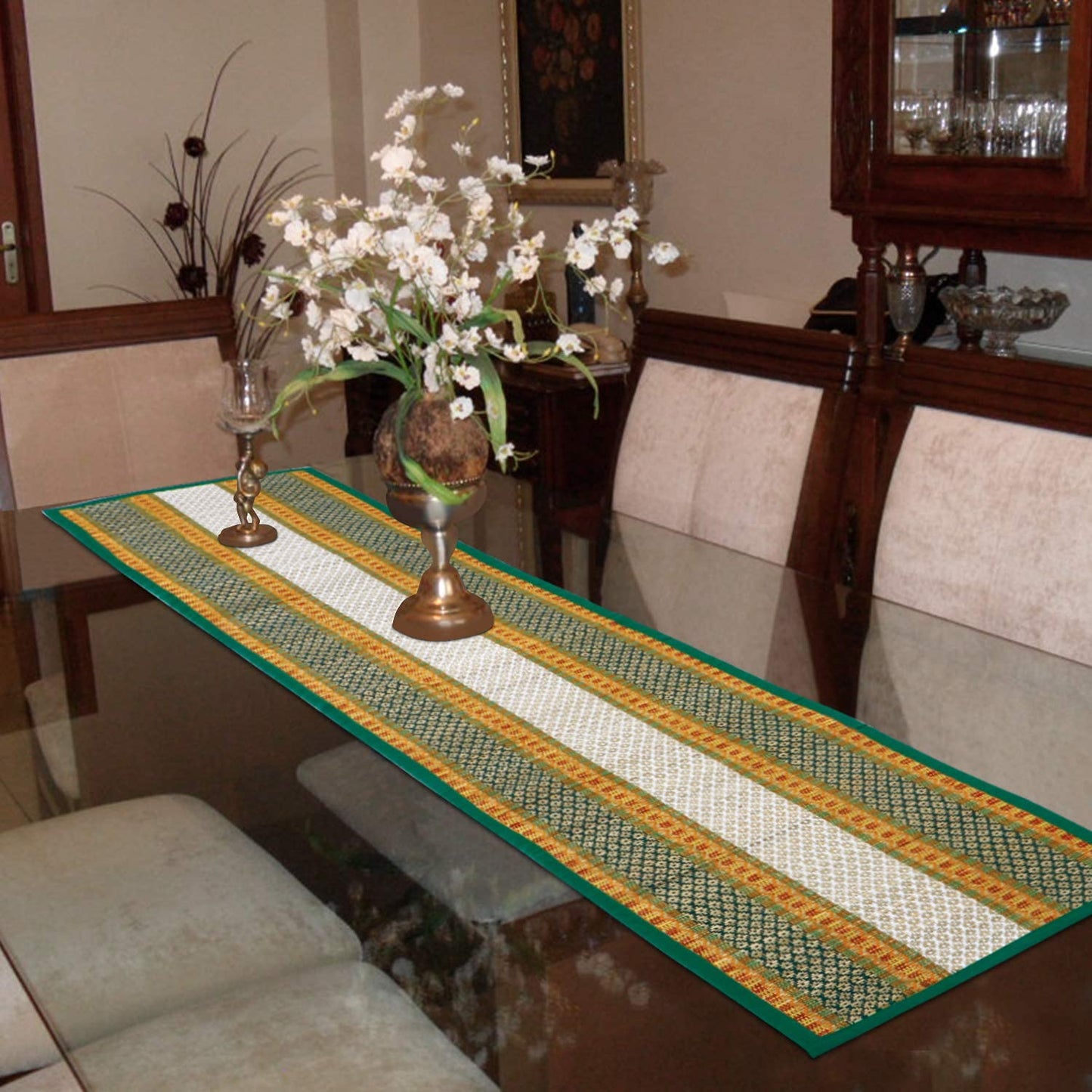 Natural Handmade Madurkathi Table Runner for Dining Table, Centre Table, Coffee Table, Teapoy, Green