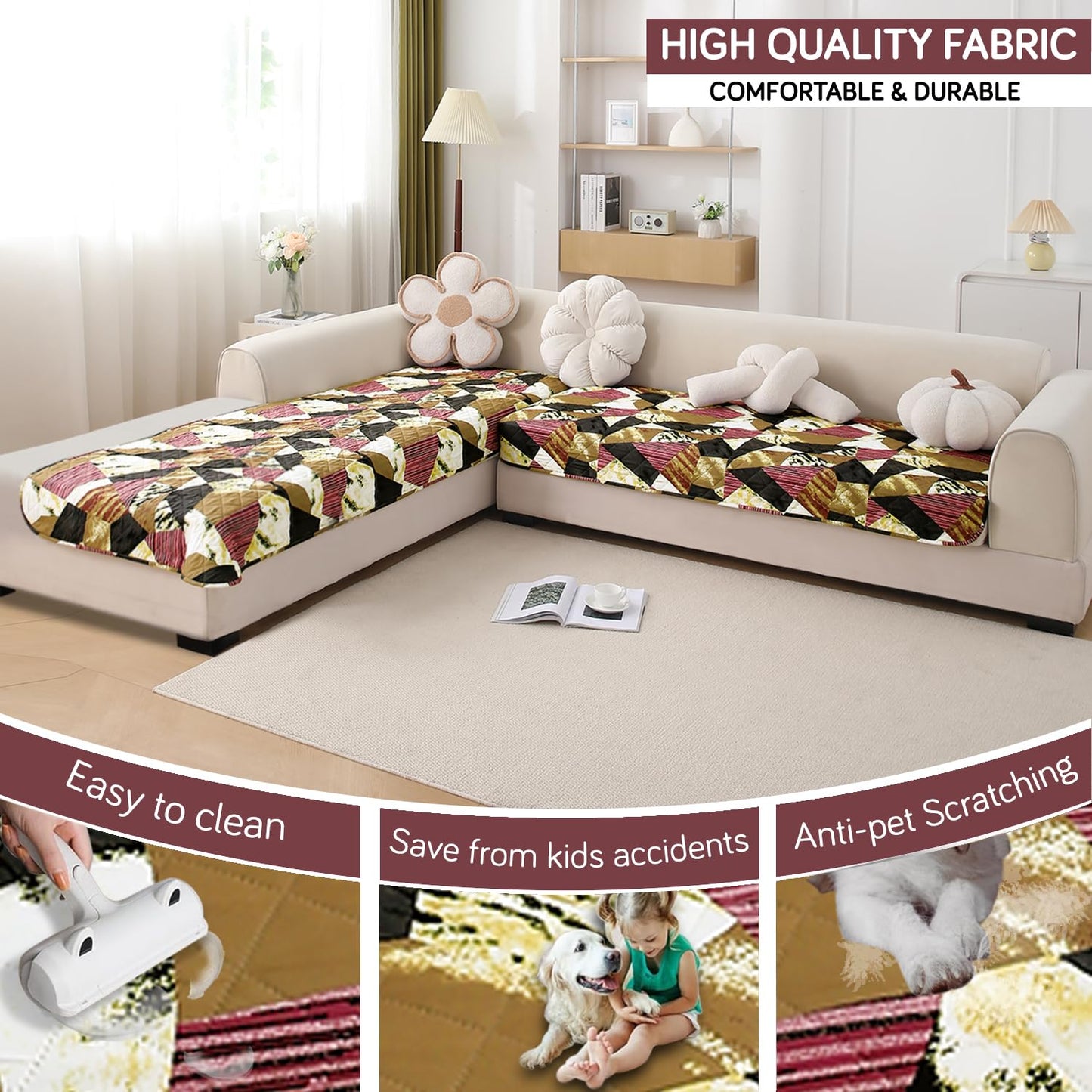 HOKIPO Waterproof Printed Quilted Quick Dry L Shape Sofa Seat Cover Mat, Wine Abstract Geometry