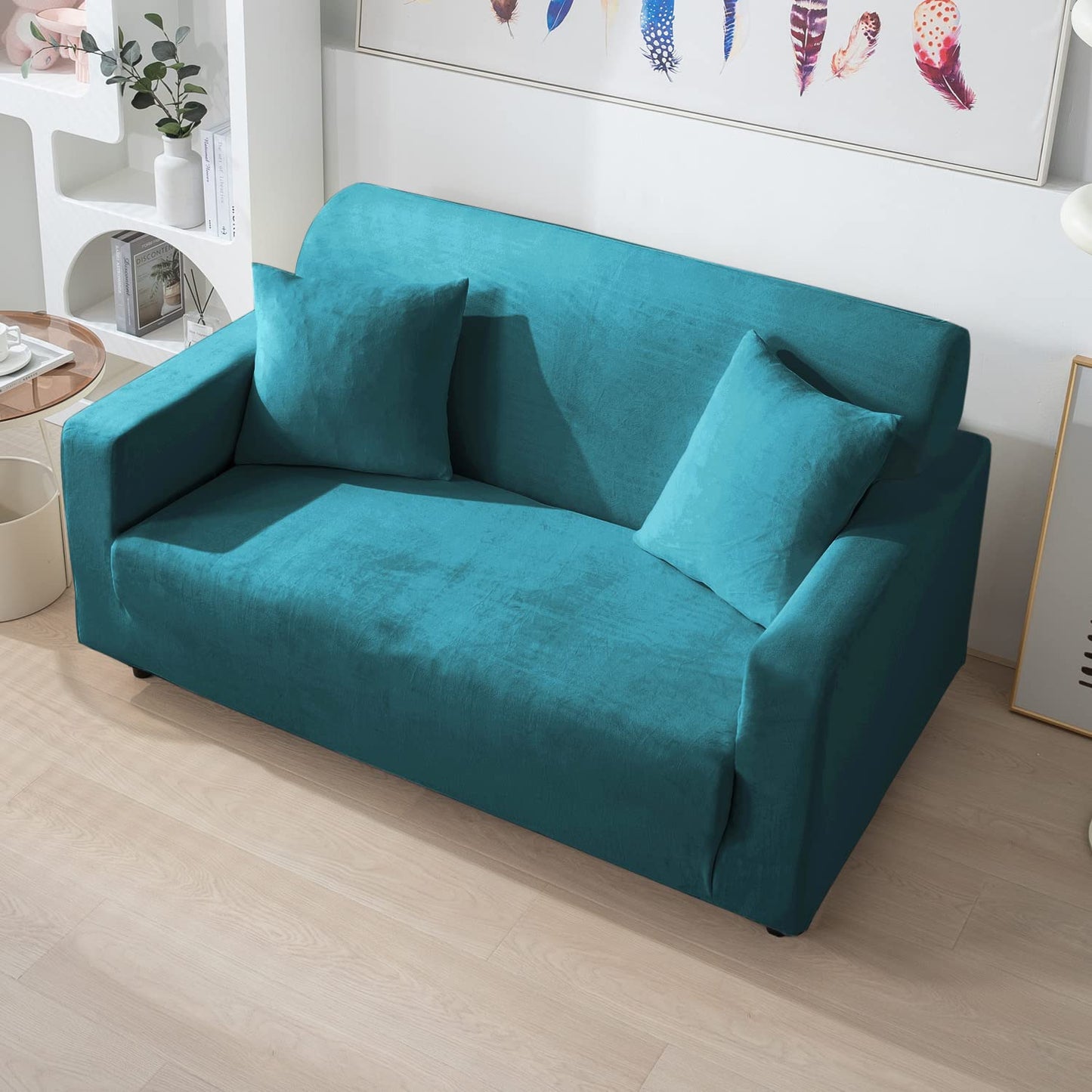 two seater Turquoise elastic stretchable velvet sofa cover