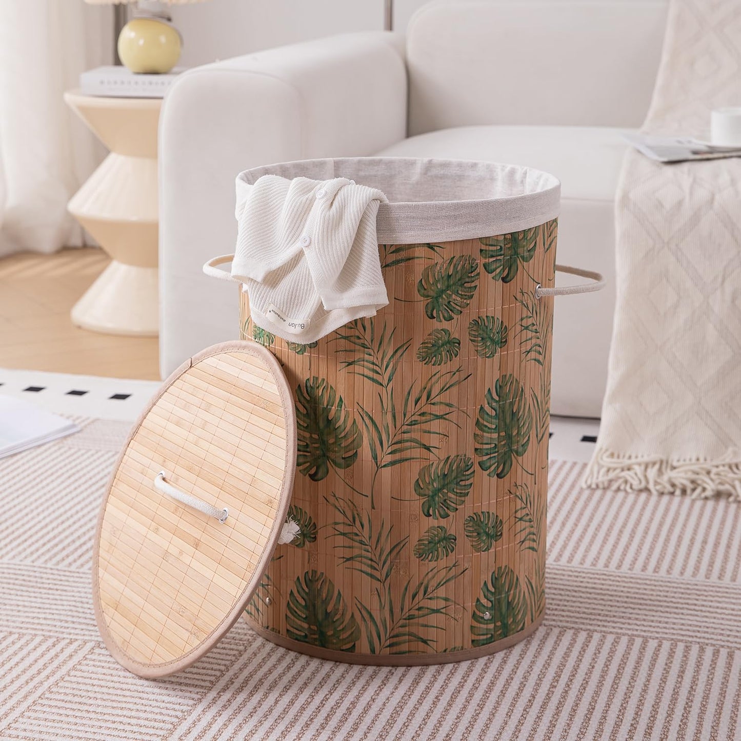 Eco-Friendly Foldable Bamboo Laundry Basket Hamper with Lid, Large, 61 Litre, Tropical Leaves