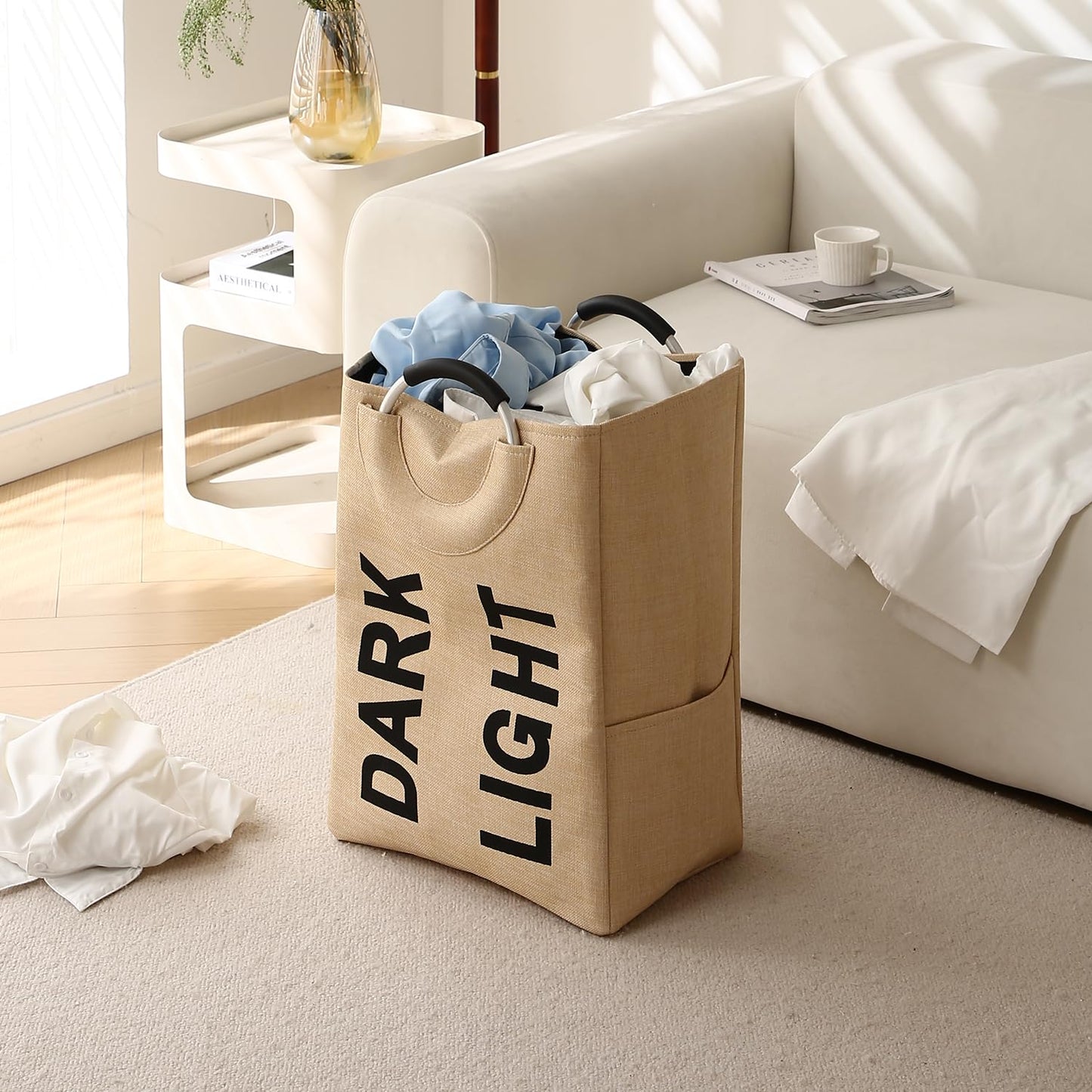 Folding Laundry Bag for Clothes Hamper Basket, Collapsible Storage Basket, Beige