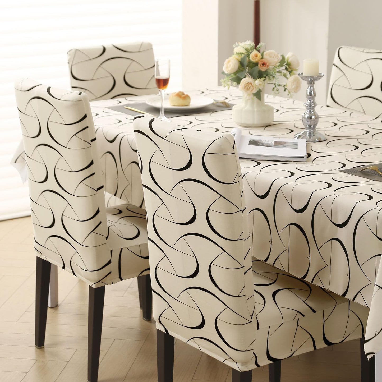 Elastic Dining Chair Covers with Matching Tablecloth, Natural Beige Abstract Art