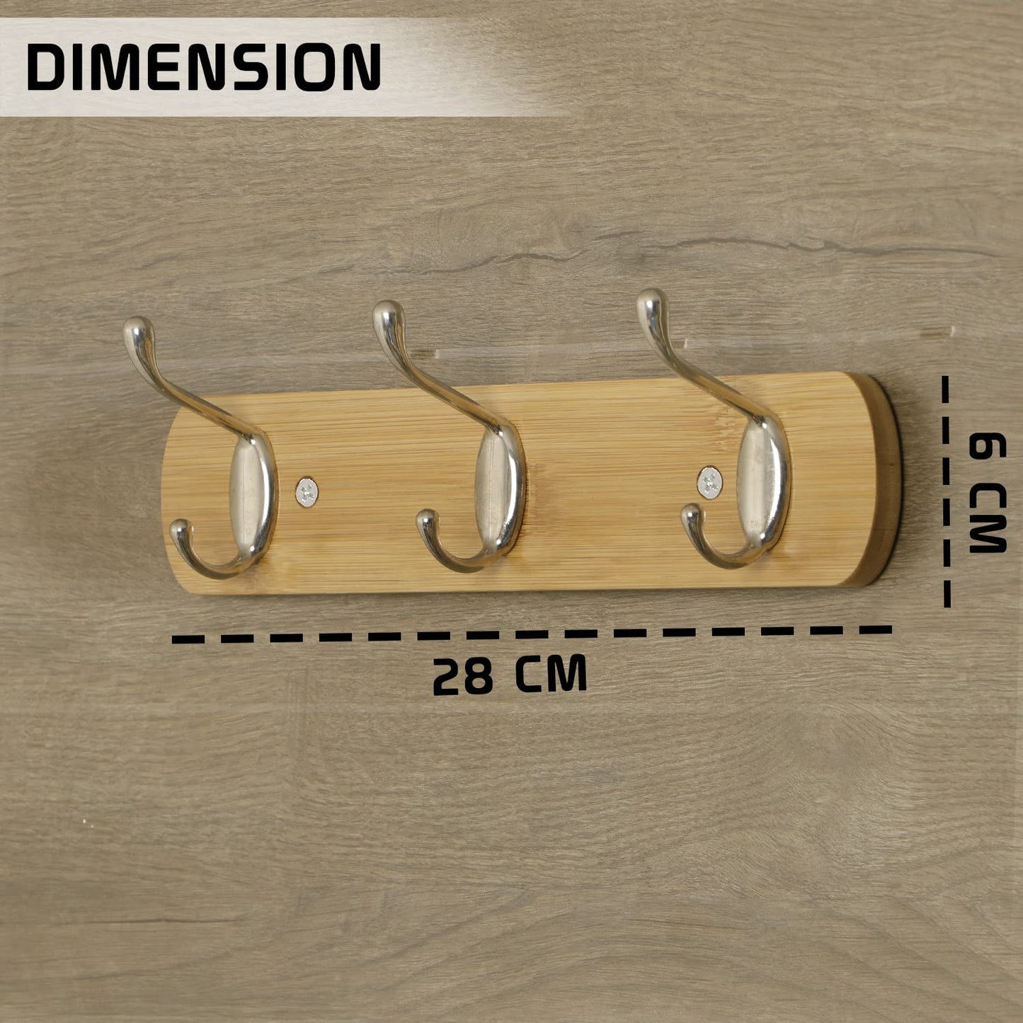 Bamboo Wooden Wall Mounted Hook Rail for Hanging Clothes - 3/4/5 Hooks Rail