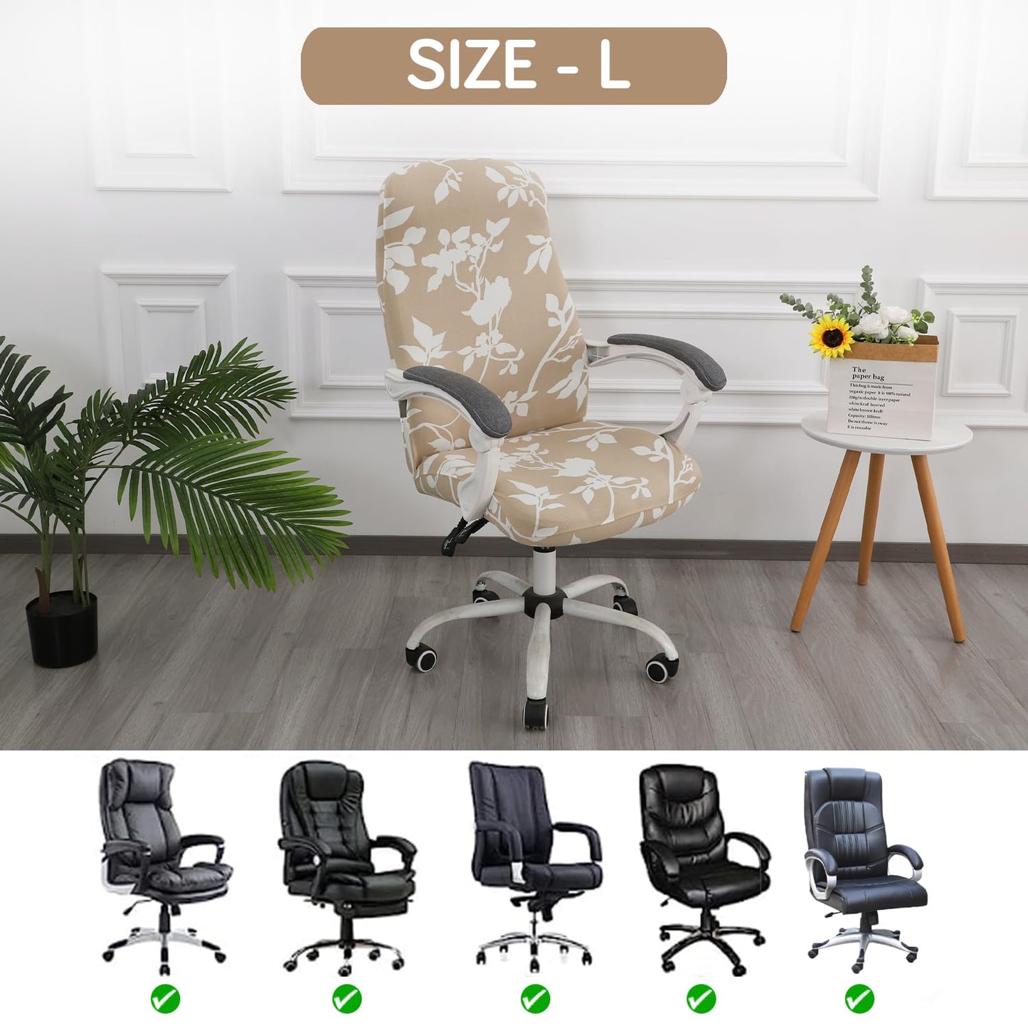 HOKIPO 140gsm Stretchable Office Chair Cover, Buff Brown Sillehoute Floral - Medium / Large