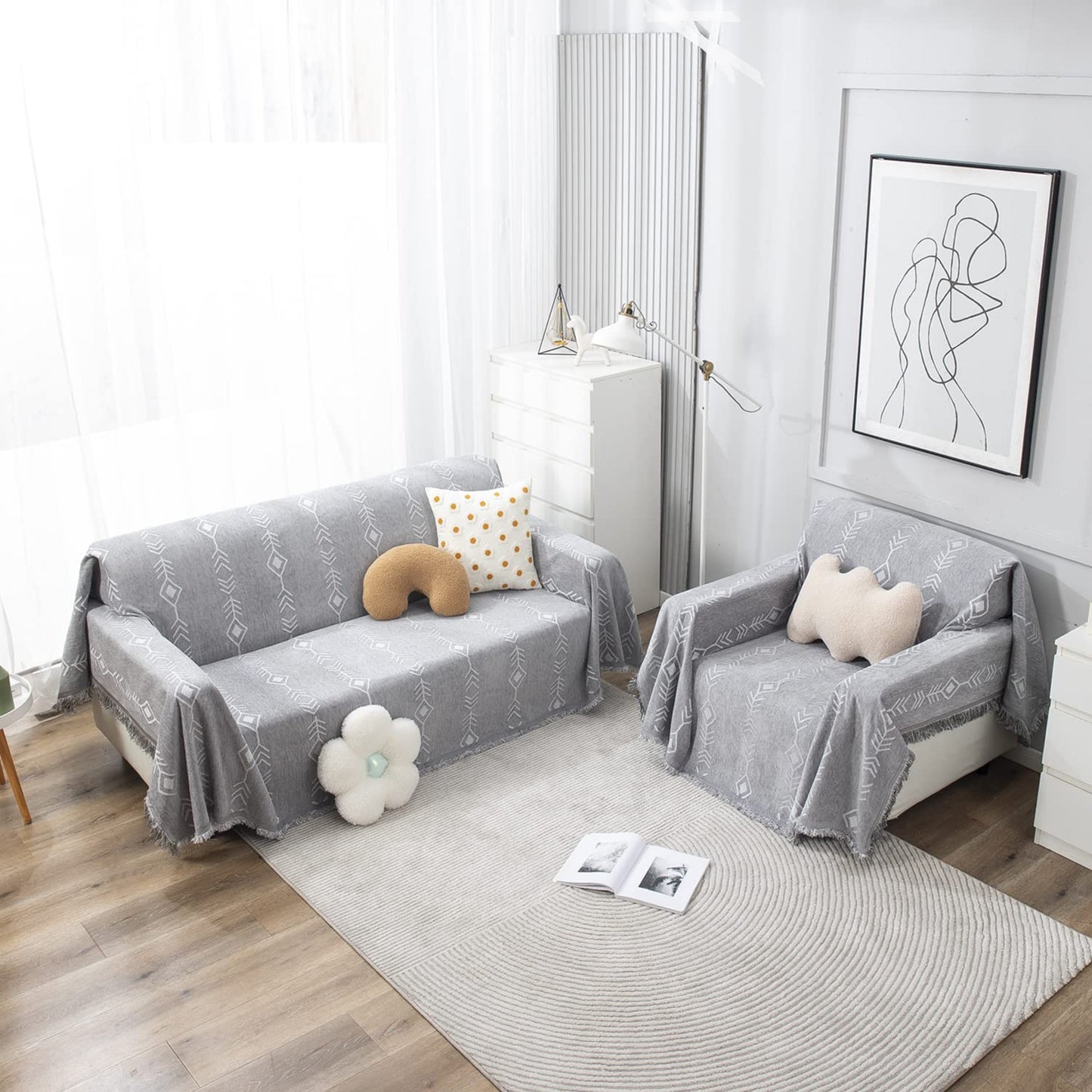 Thick, Soft and Pet Friendly Chenille Sofa Cover Throw, Grey Aztec