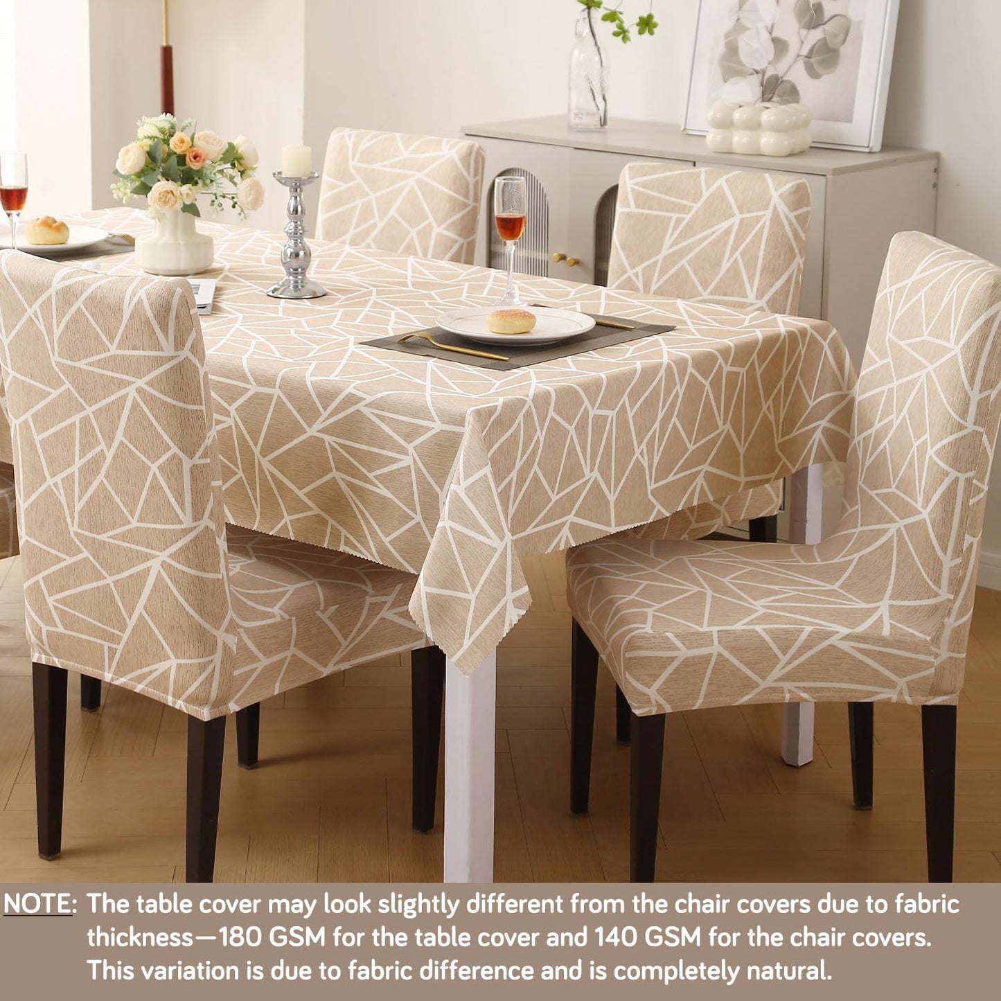 Elastic Dining Chair Covers with Matching Tablecloth, Beige Abstract Geometry