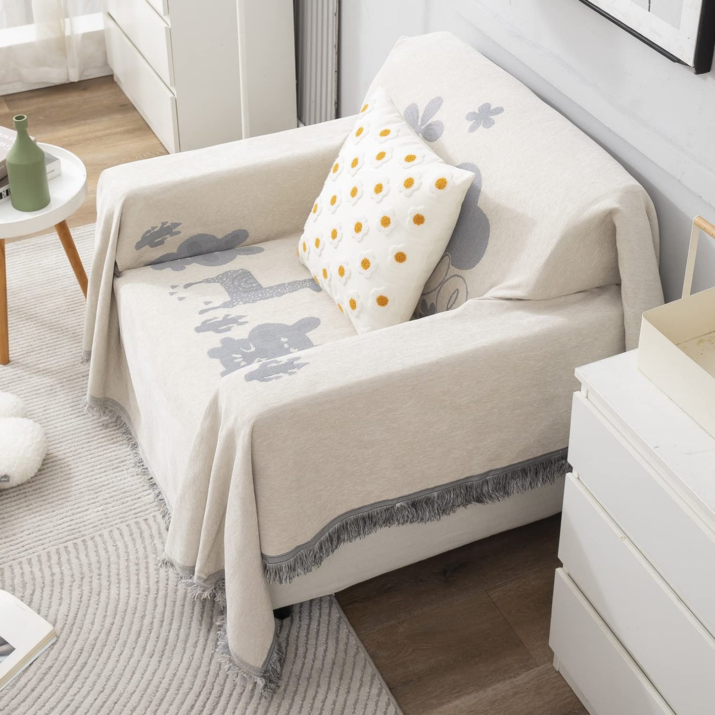 Off-White Nature, Soft and Pet Friendly Chenille Sofa Throw Cover