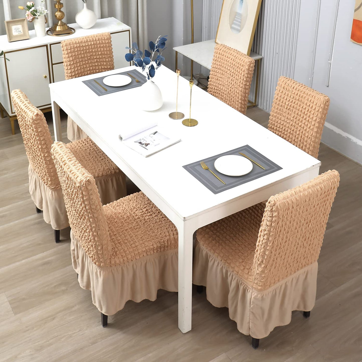 Elastic Stretchable 280 GSM Bubble Dining Chair Cover with Frill, Beige