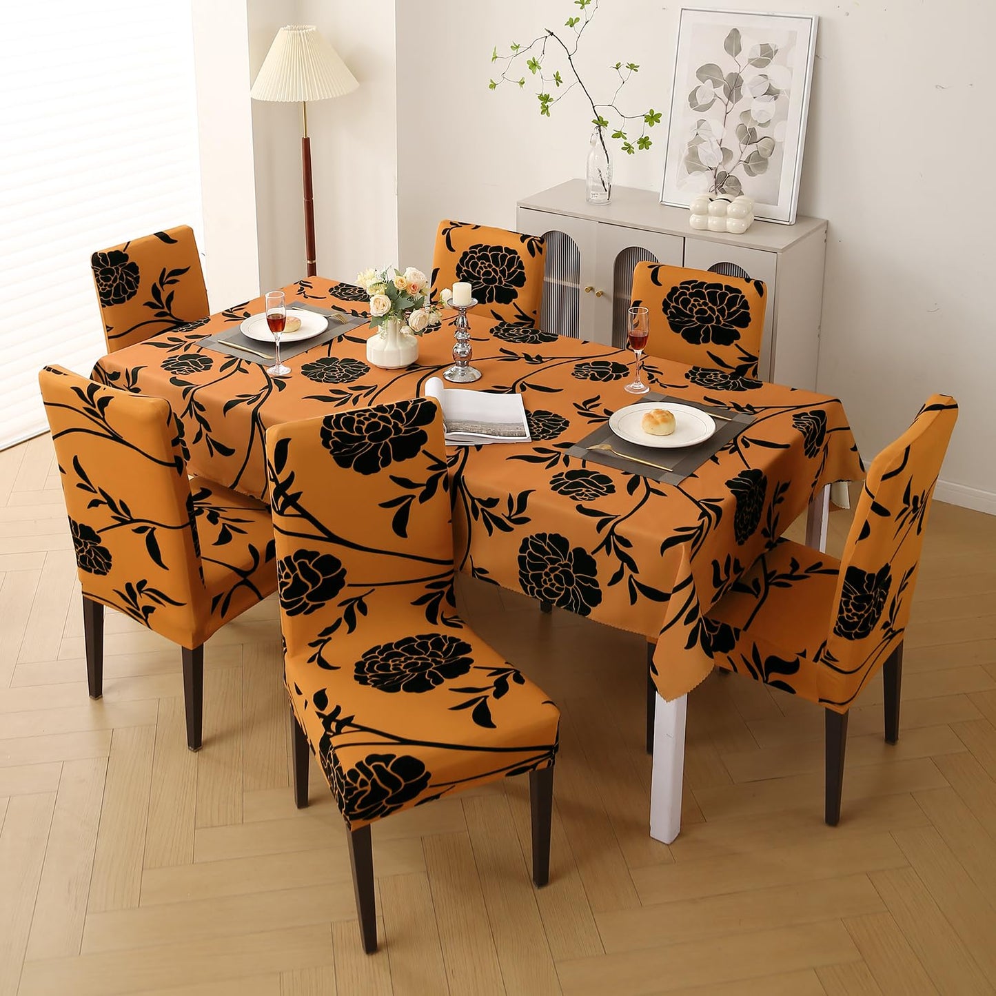 Elastic Dining Chair Covers with Matching Tablecloth, Copper Brown Floral