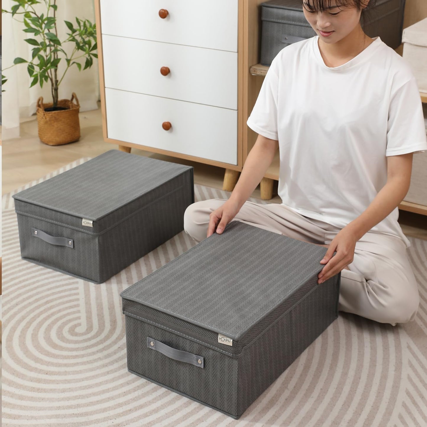Fabric Cloth Storage Wardrobe Organiser Box With Lid, Size - 45 X 30 X 20 Cm, Grey, Rectangular