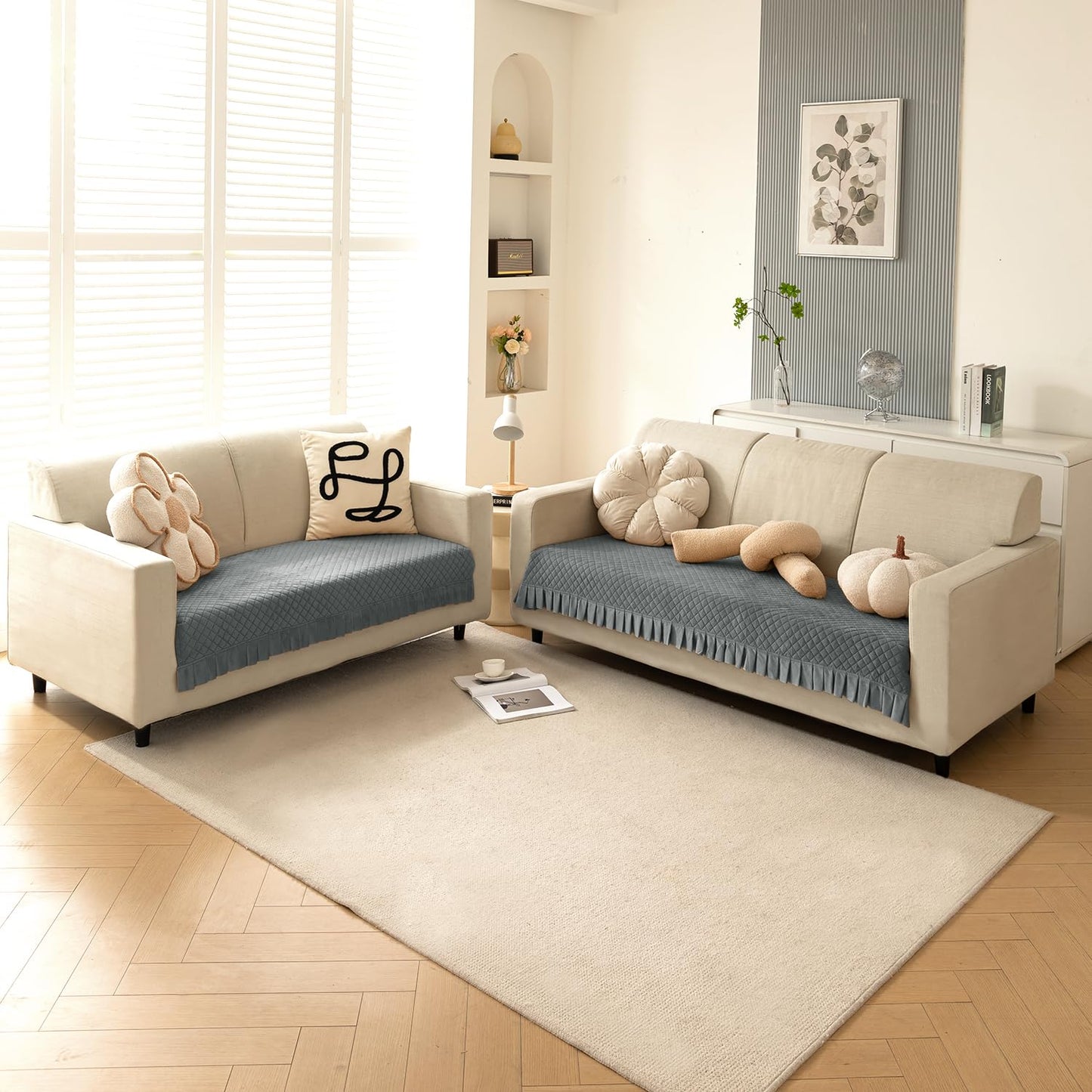 Holland Velvet Sofa Cover Seat Mat with Frill for 1/2/3 - Seater, Grey
