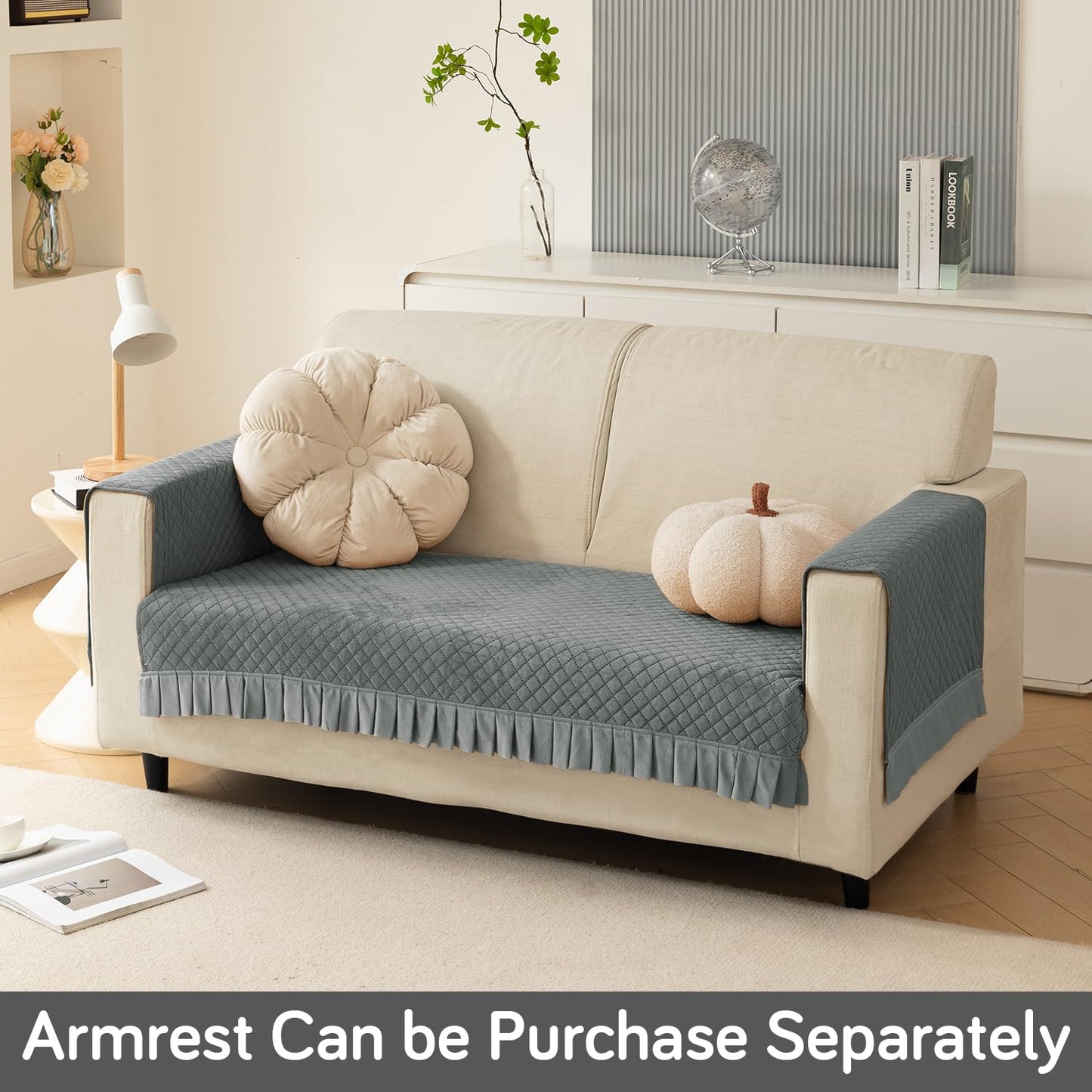 Holland Velvet Sofa Cover Seat Mat with Frill for 1/2/3 - Seater, Grey