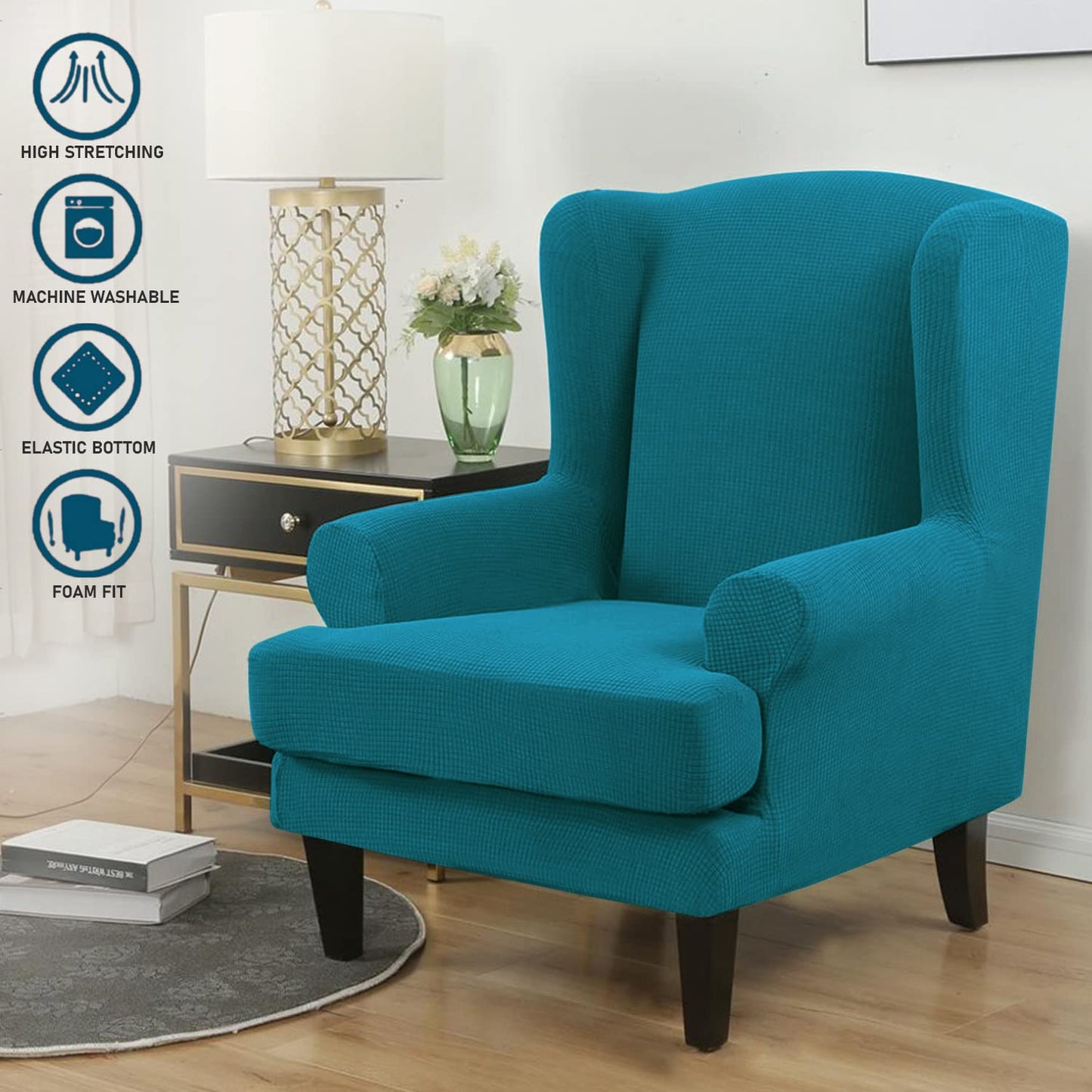 Buy Premium Teal Jacquard Wingback Chair Cover | Hokipo