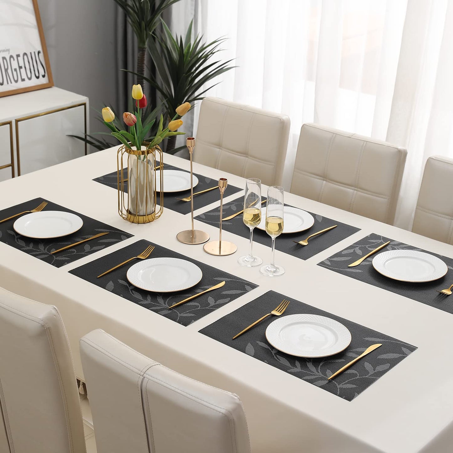 PVC Dining Table Mats, Black Leaves