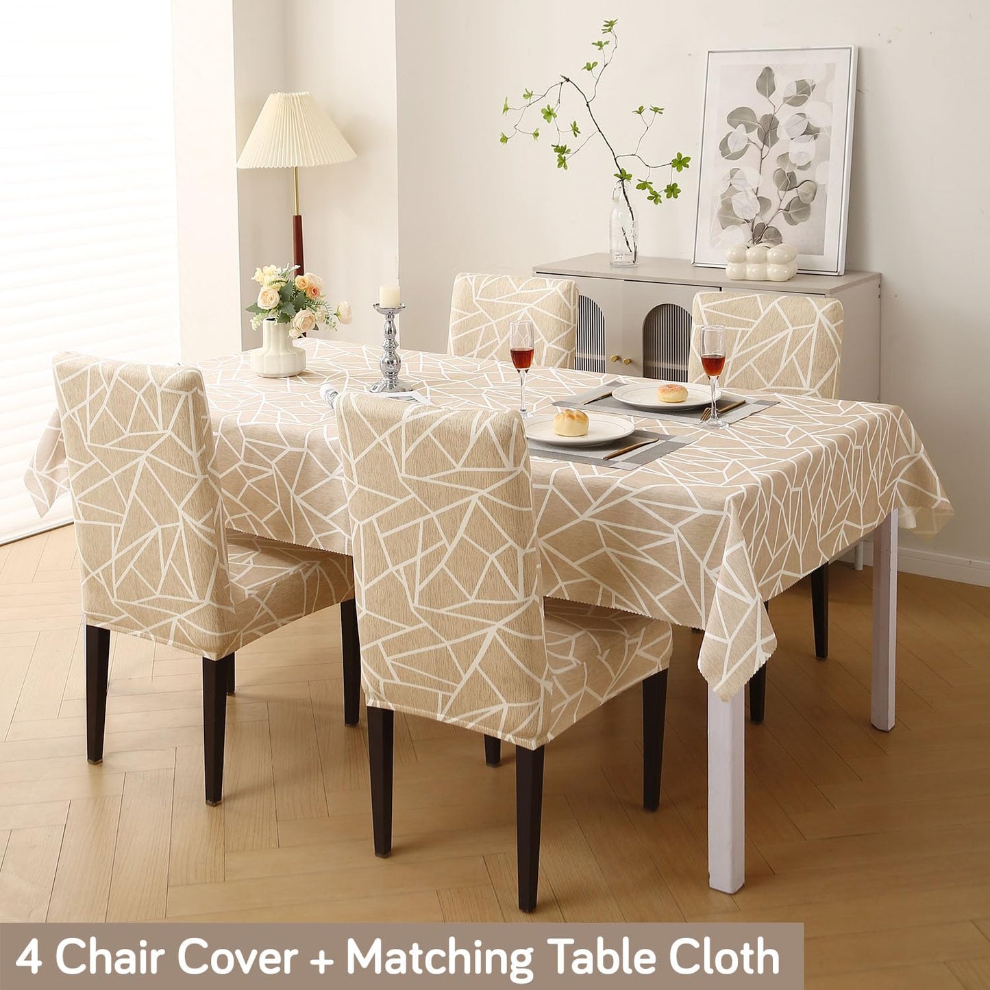 Elastic Dining Chair Covers with Matching Tablecloth, Beige Abstract Geometry