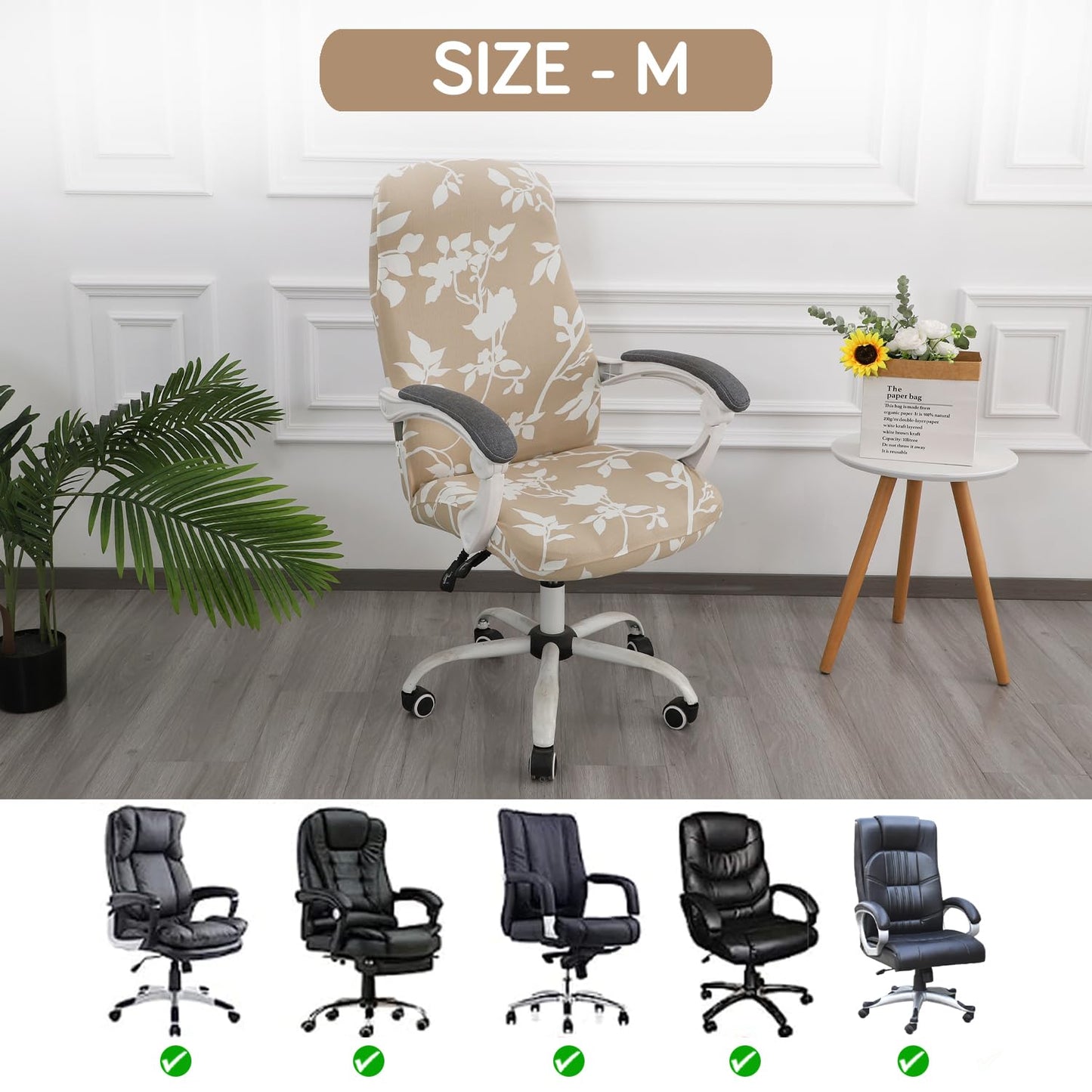 HOKIPO 140gsm Stretchable Office Chair Cover, Buff Brown Sillehoute Floral - Medium / Large