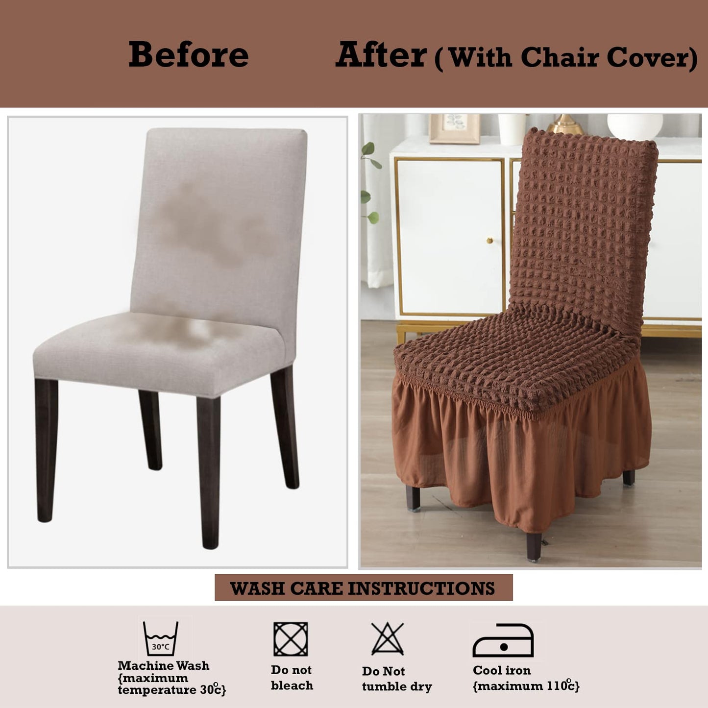 Elastic Stretchable 280 GSM Bubble Dining Chair Cover with Frill, Dark Brown