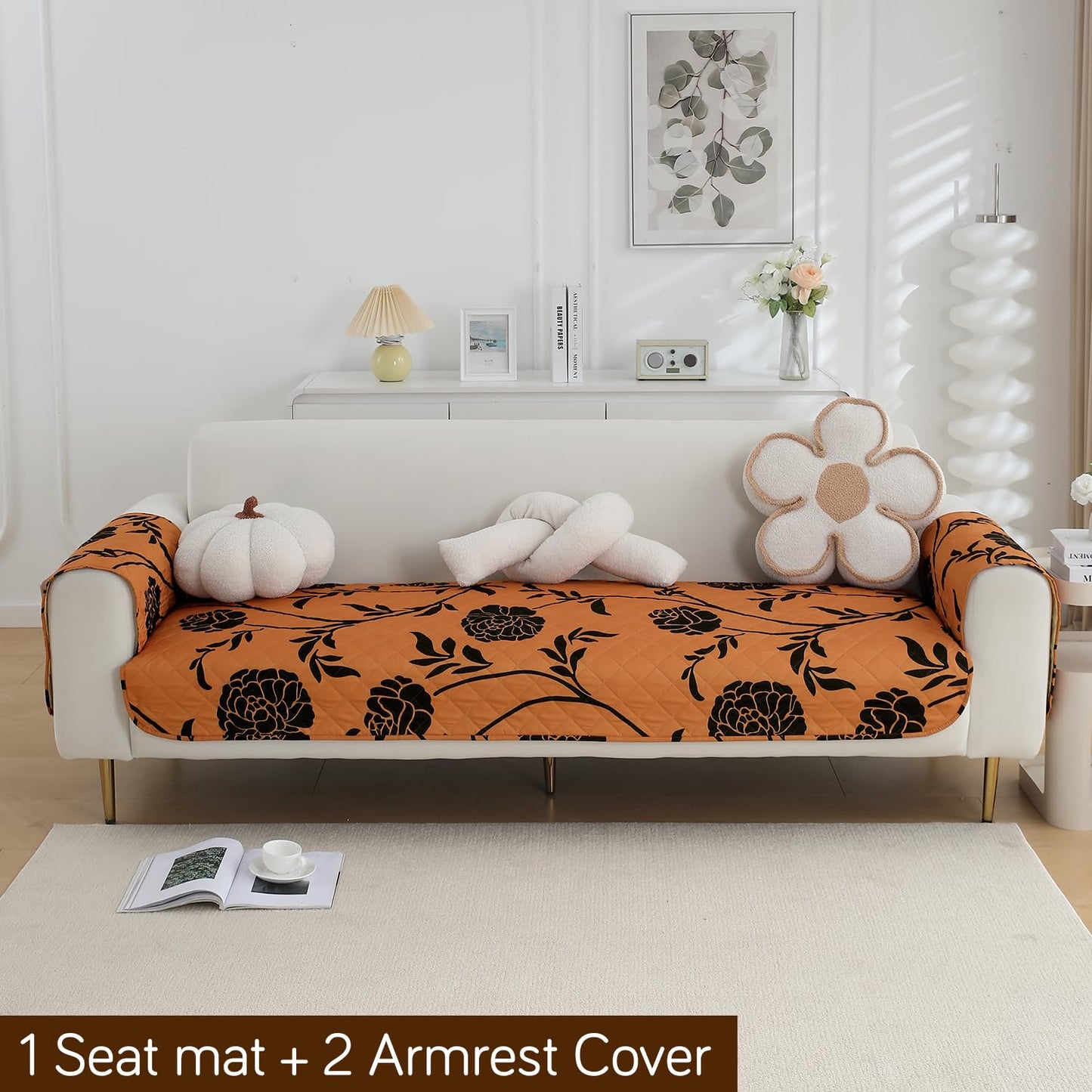 HOKIPO Waterproof Quilted Sofa Seat Mat for 1/2/3 Seater with 2 Armrest Covers with Pockets, Copper Brown Floral