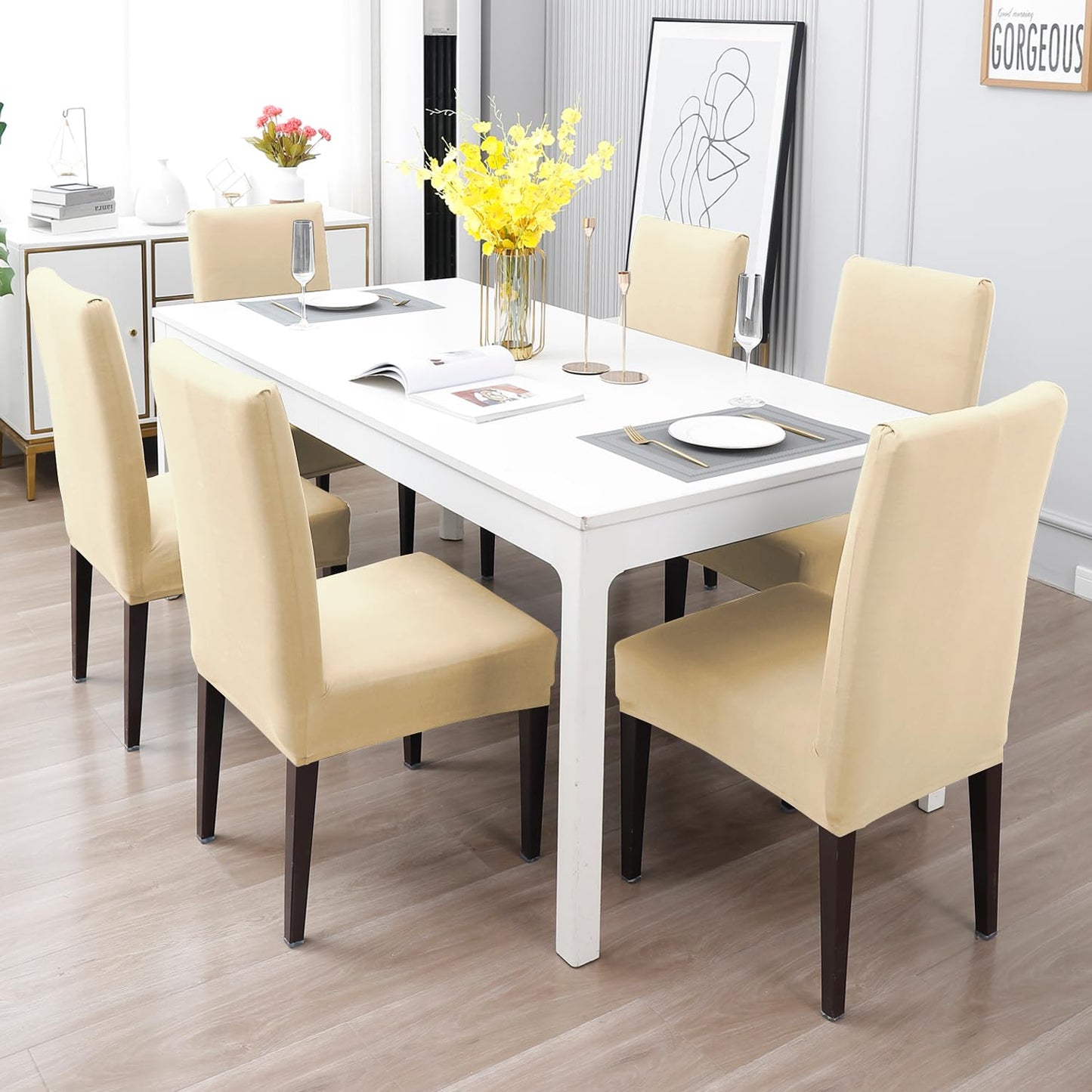 Elastic Stretchable Water Resistant Dining Chair Cover, Beige