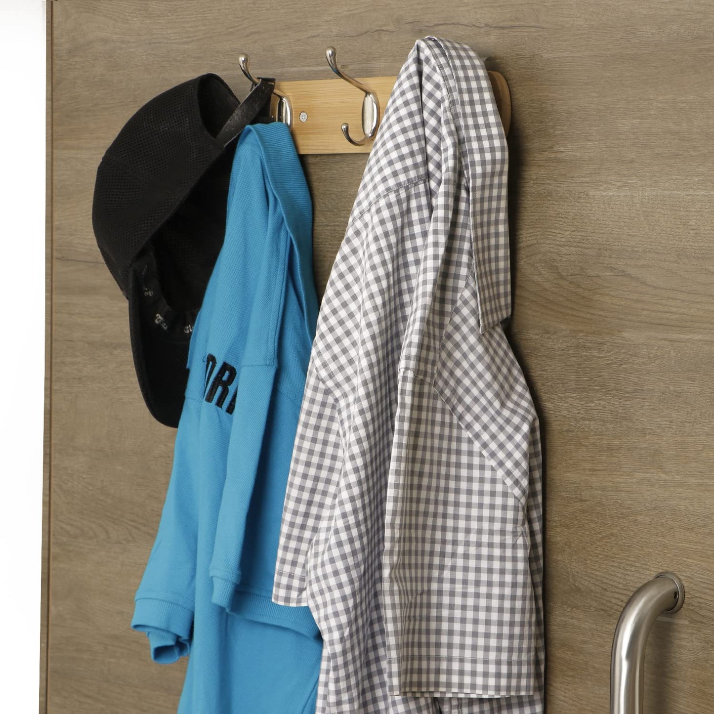 Bamboo Wooden Wall Mounted Hook Rail for Hanging Clothes - 3/4/5 Hooks Rail