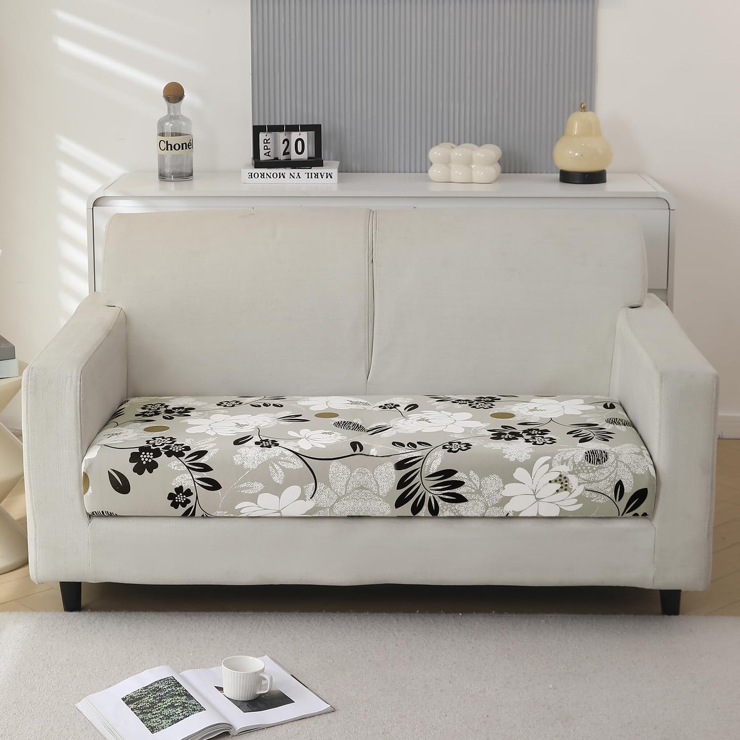 140 GSM Stretchable Printed Elastic Sofa Cushion Seat Cover for 1 /2 /3 Seaters / Pieces for Sofa, Feather Brown Floral