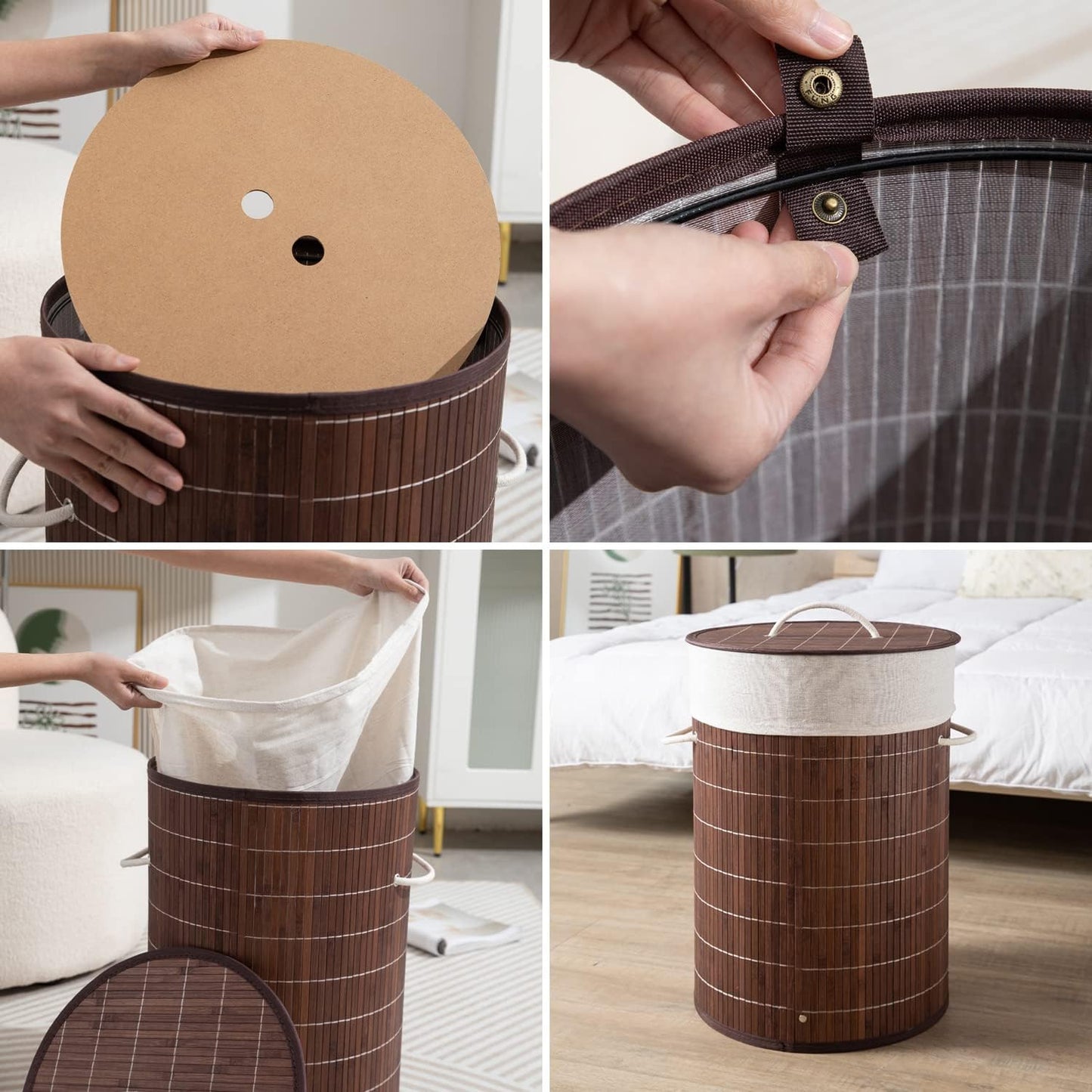 Eco-Friendly Foldable Bamboo Laundry Basket Hamper with Lid, Large - 57 Liter, Coffee Brown