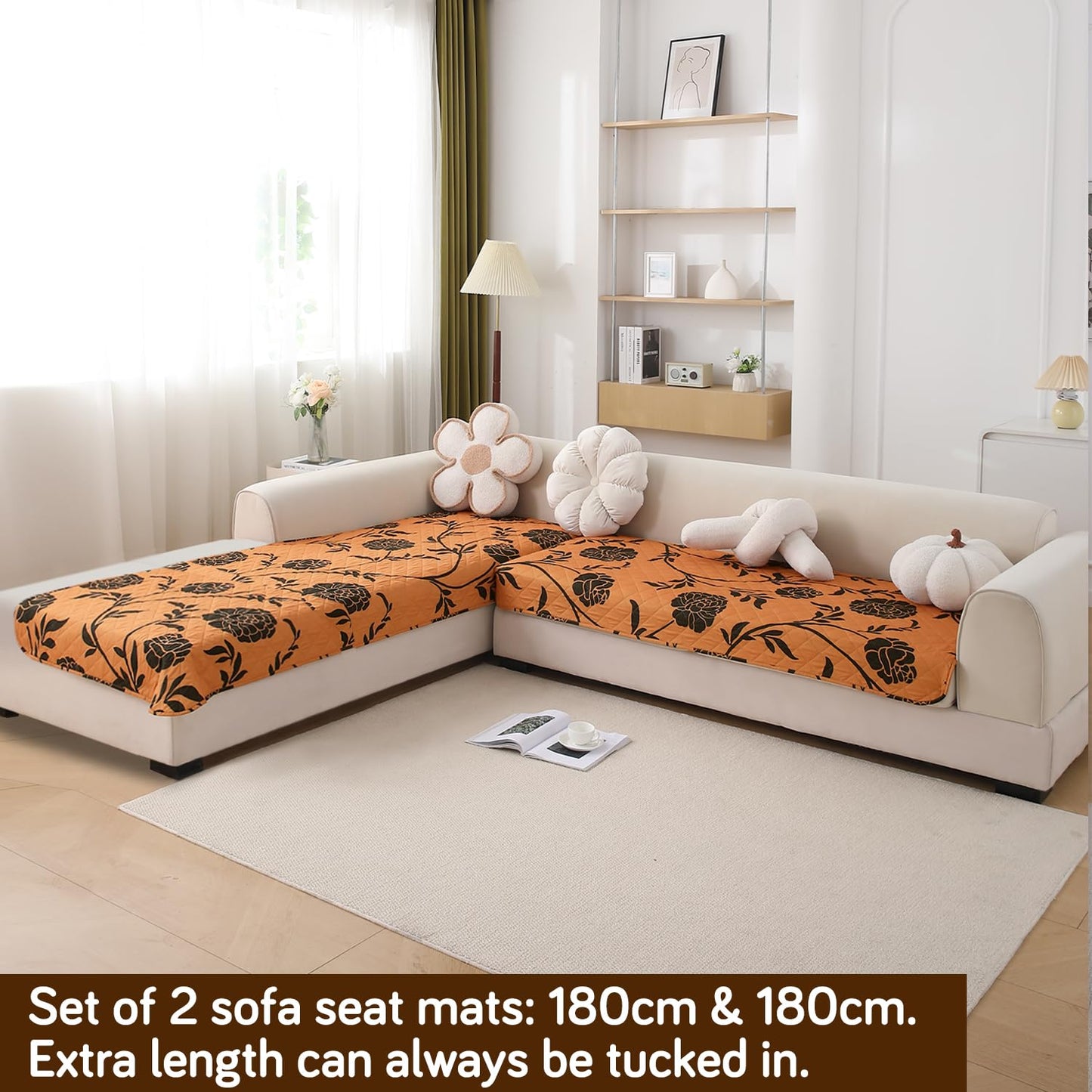 Waterproof Printed Quilted Quick Dry L Shape Sofa Seat Cover Mat, Copper Brown Floral